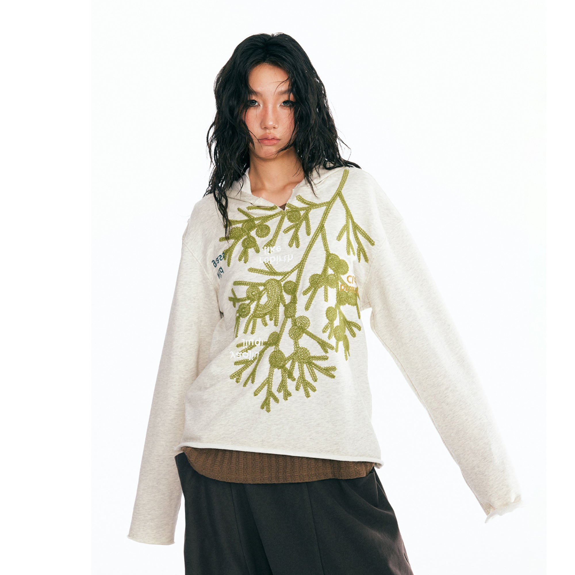 1997 POSTOFFICE Sesame Leaf Embroidered V-Neck Hoodie, premium urban and streetwear designers apparel on PROJECTISR.com, 1997 POSTOFFICE