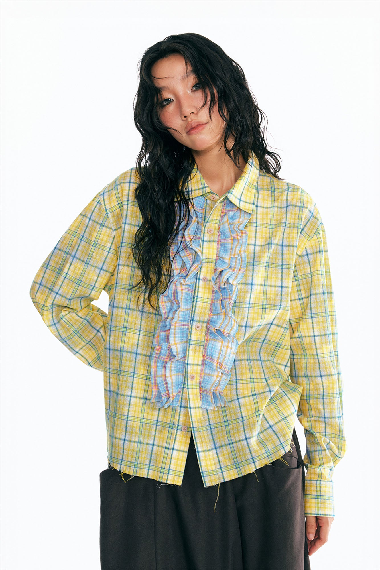1997 POSTOFFICE Sesame Leaf Patch Ruffle Plaid Shirt, premium urban and streetwear designers apparel on PROJECTISR.com, 1997 POSTOFFICE