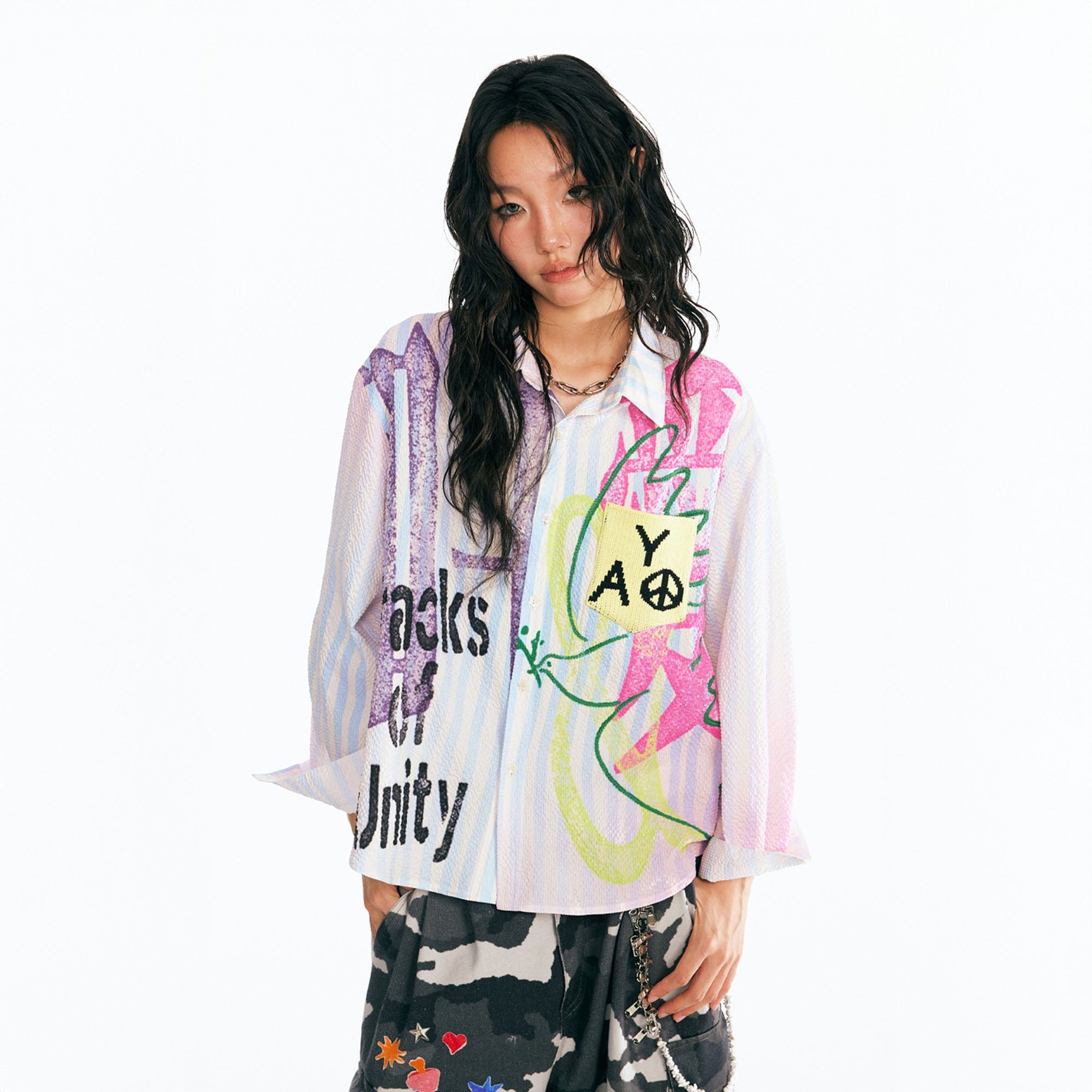 1997 POSTOFFICE Peace and Love Seersucker Shirt, premium urban and streetwear designers apparel on PROJECTISR.com, 1997 POSTOFFICE