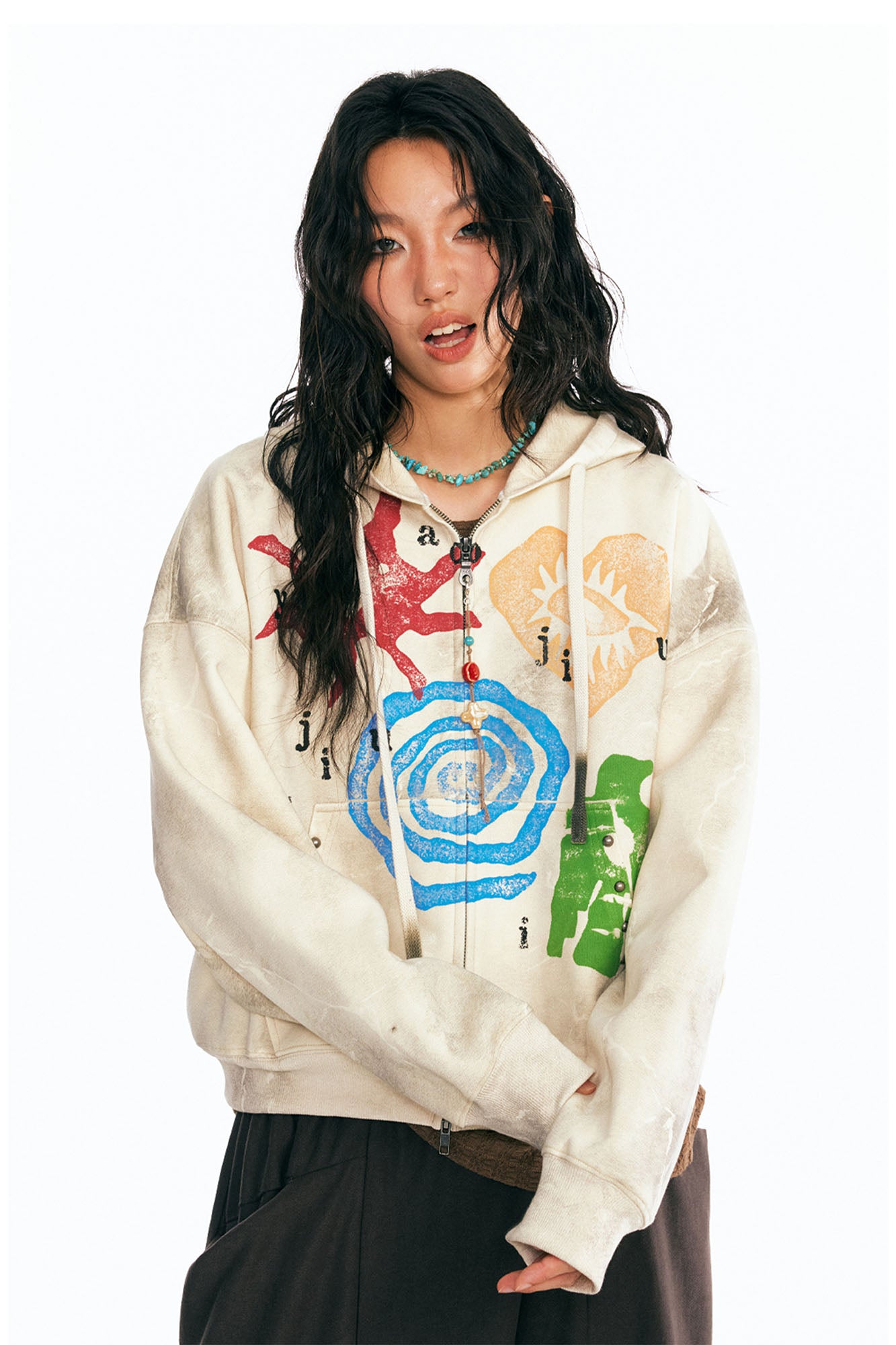 1997 POSTOFFICE Distressed Tribal Graphics Zip- Up Hoodie, premium urban and streetwear designers apparel on PROJECTISR.com, 1997 POSTOFFICE