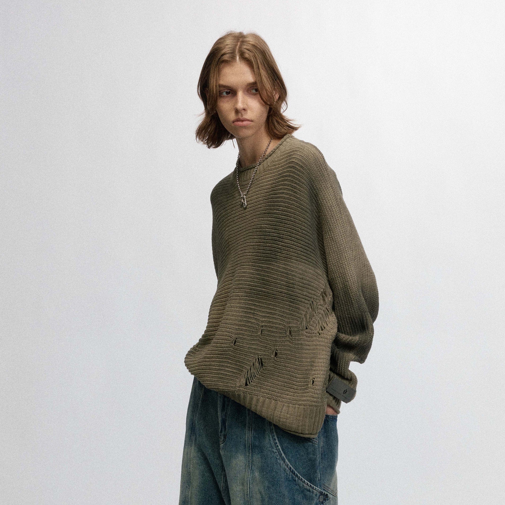 OVDY Faded Ripped Raw Edge Sweater