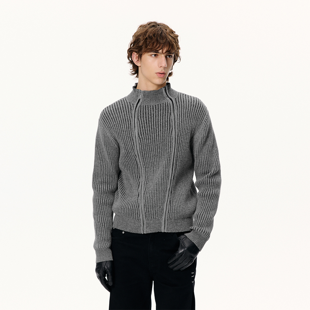 KREATE Double-Zip Ribbed Knit Stand-Collar Cardigan