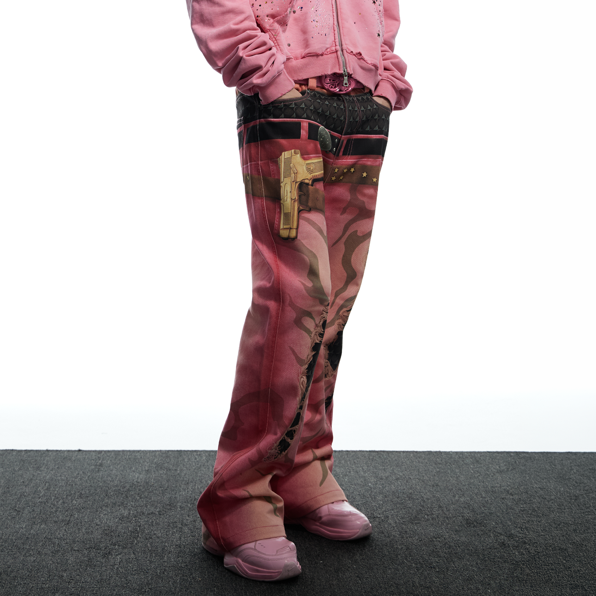 DND4DES Distressed Print Double-Waist Flare Jeans Pink, premium urban and streetwear designers apparel on PROJECTISR.com, DND4DES