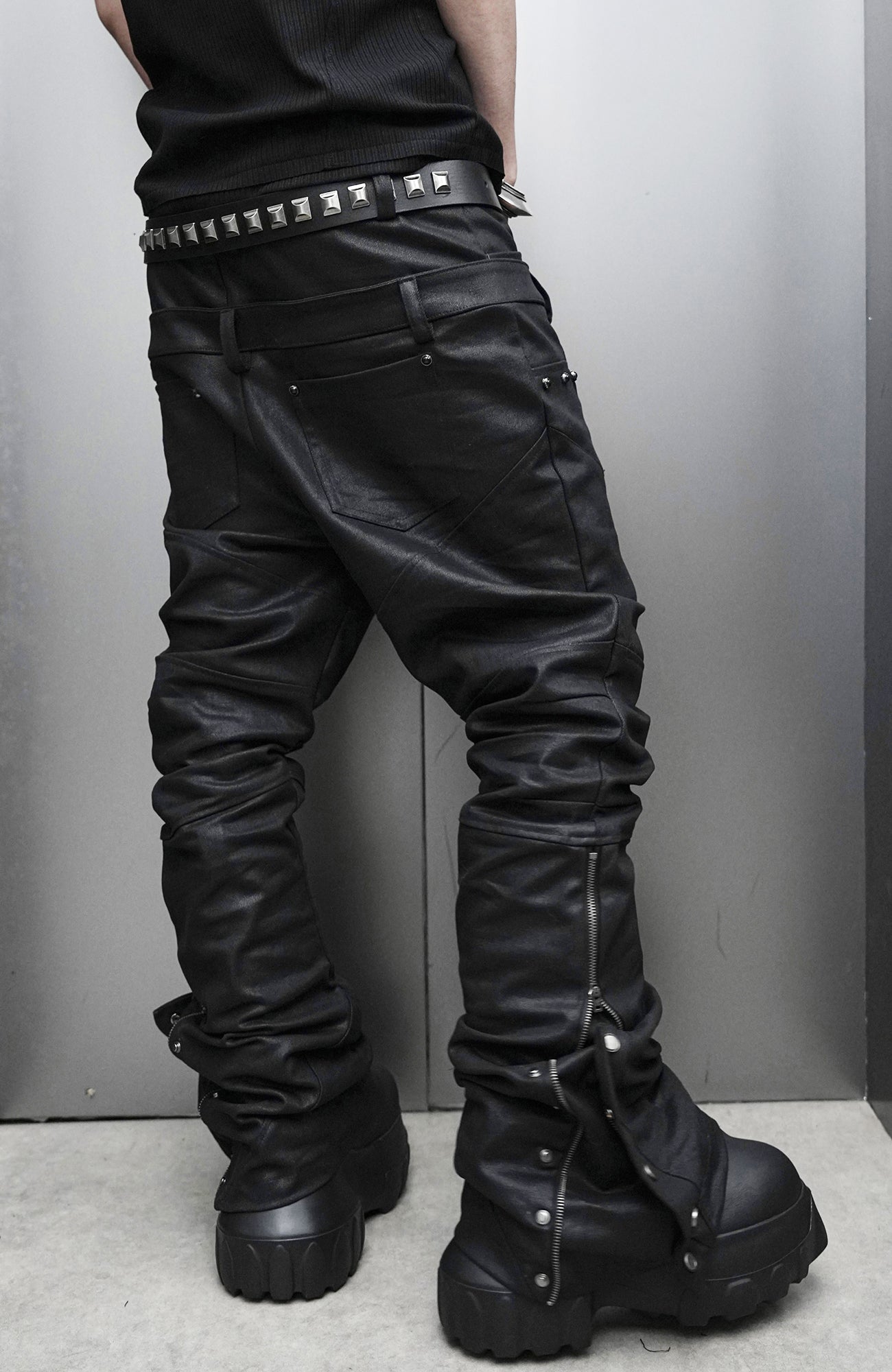 SSIN7 Double Waist Waxed Zip Flared Jeans