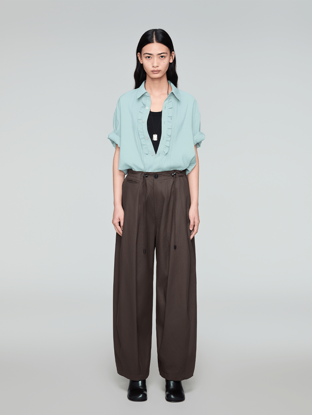 OPICLOTH Retro Pintuck Ruffle Modal Blend Half Shirt