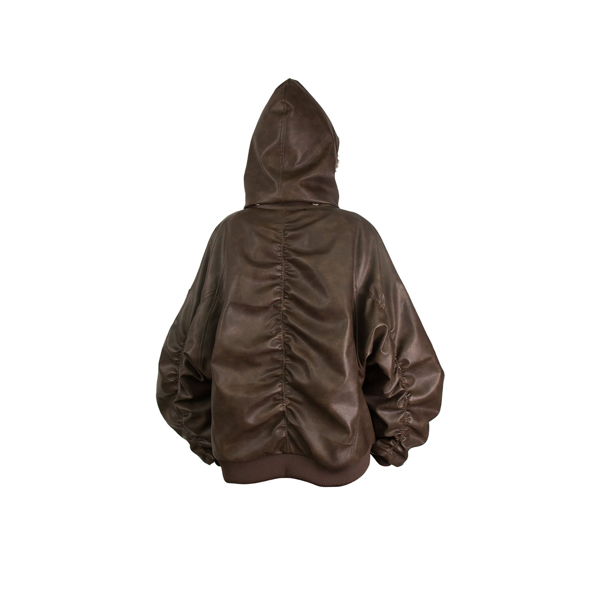 RELABEL Detachable Plush Scarf Ruched Hooded Jacket Brown, premium urban and streetwear designers apparel on PROJECTISR.com, RELABEL