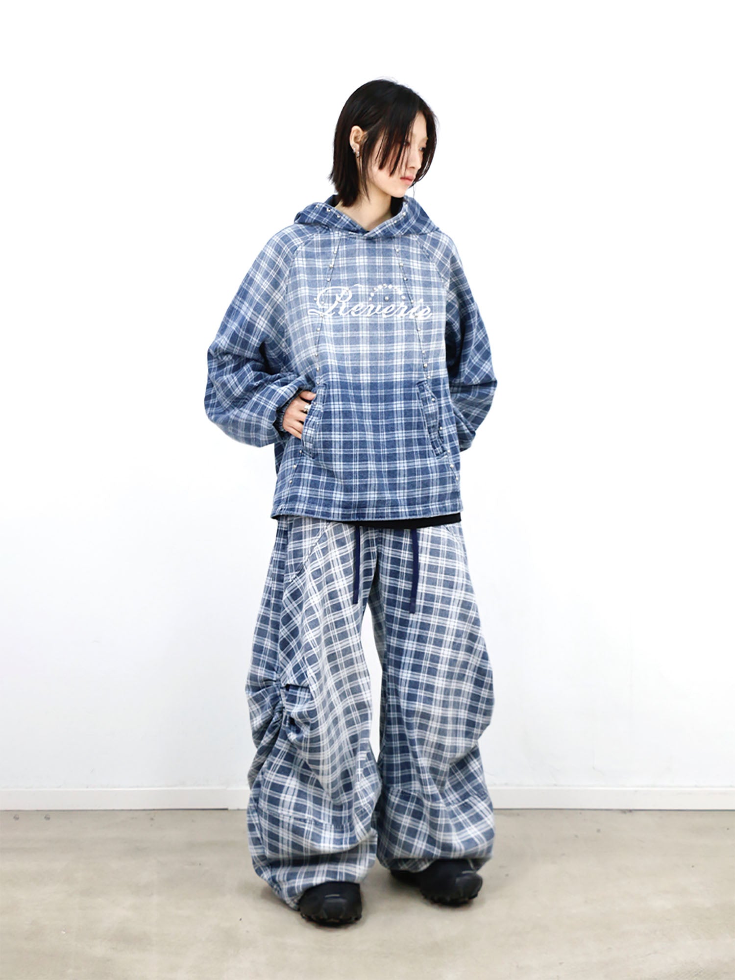 RELABEL Plaid Rivet Paneled Faded Hoodie, premium urban and streetwear designers apparel on PROJECTISR.com, RELABEL