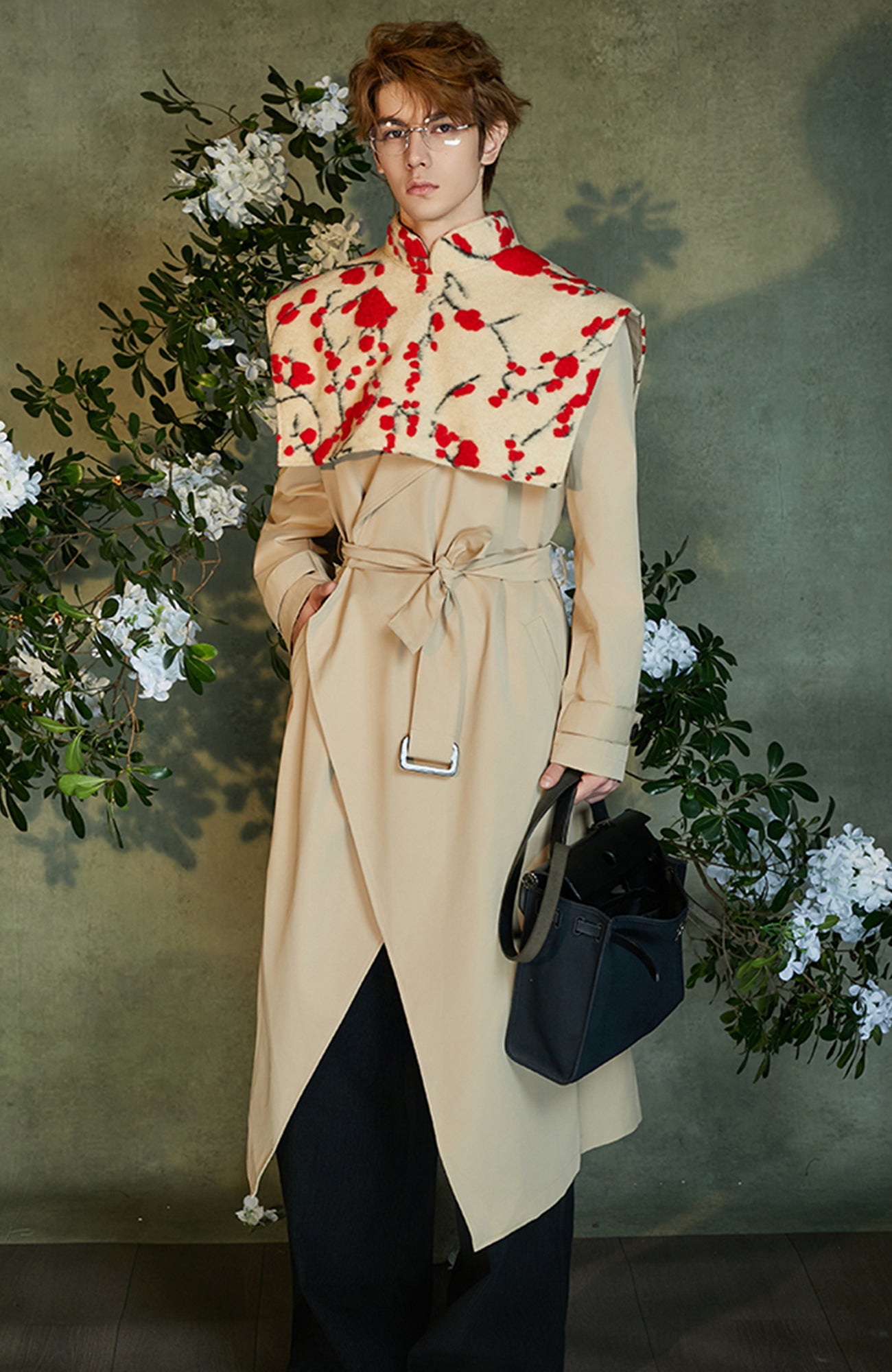 JIECHI Detachable Jacquard Cape Belted Coat