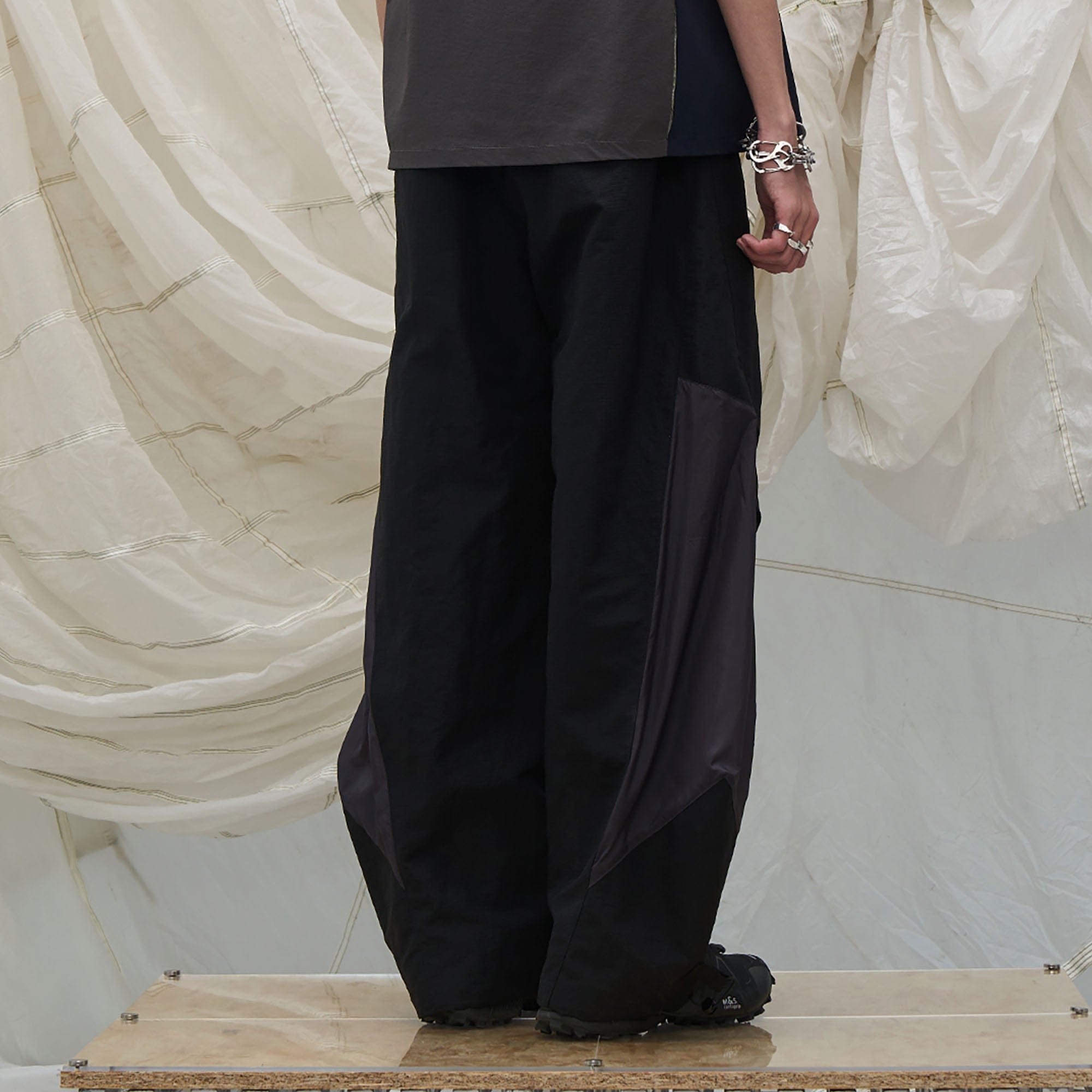 RELABEL Deconstructed Paneled Drawstring Parachute Pants, premium urban and streetwear designers apparel on PROJECTISR.com, RELABEL