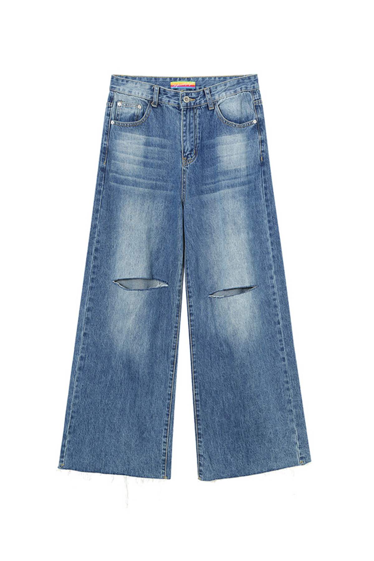 CLP Washed Distressed Raw-Edge Wide-Leg Jeans