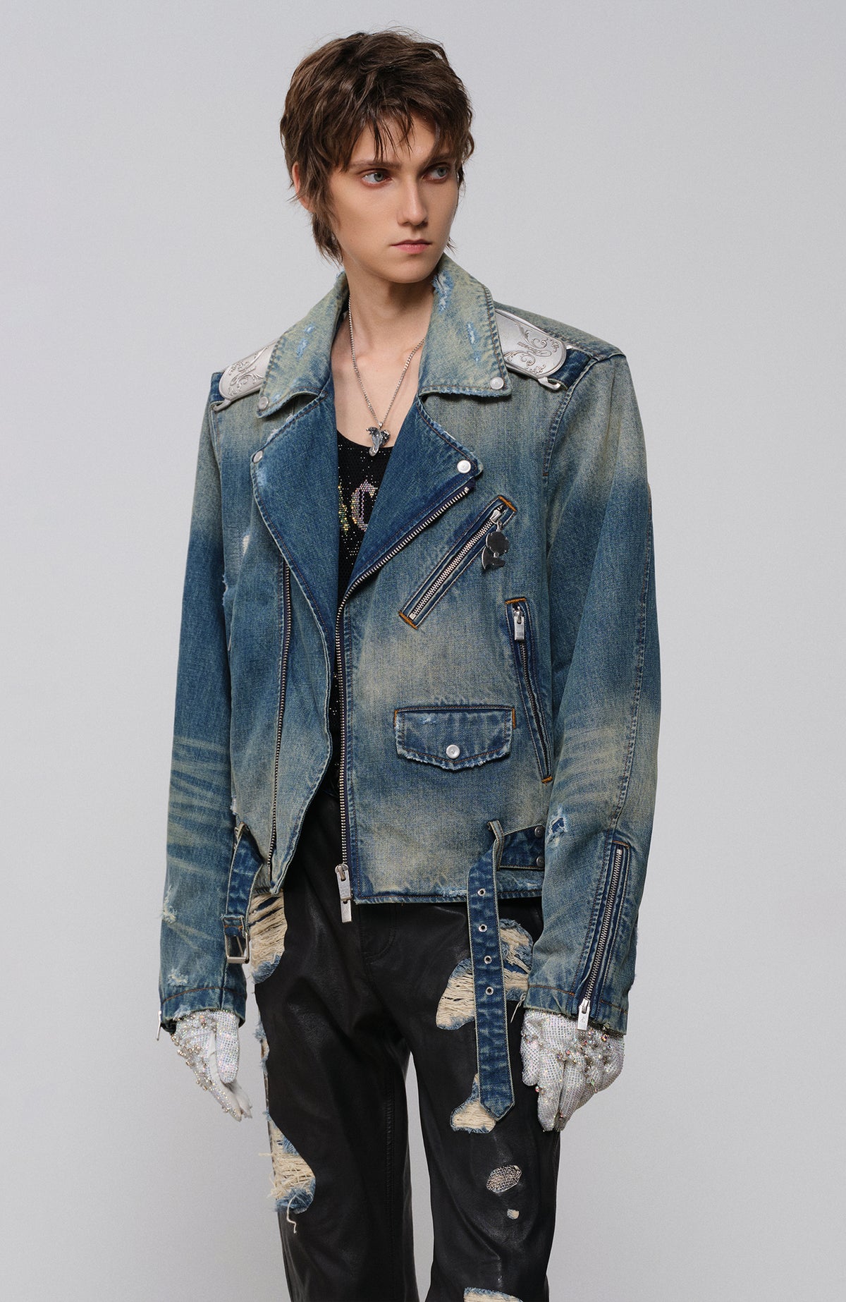 FACEONLAB Metal Epaulette Washed Biker Jacket