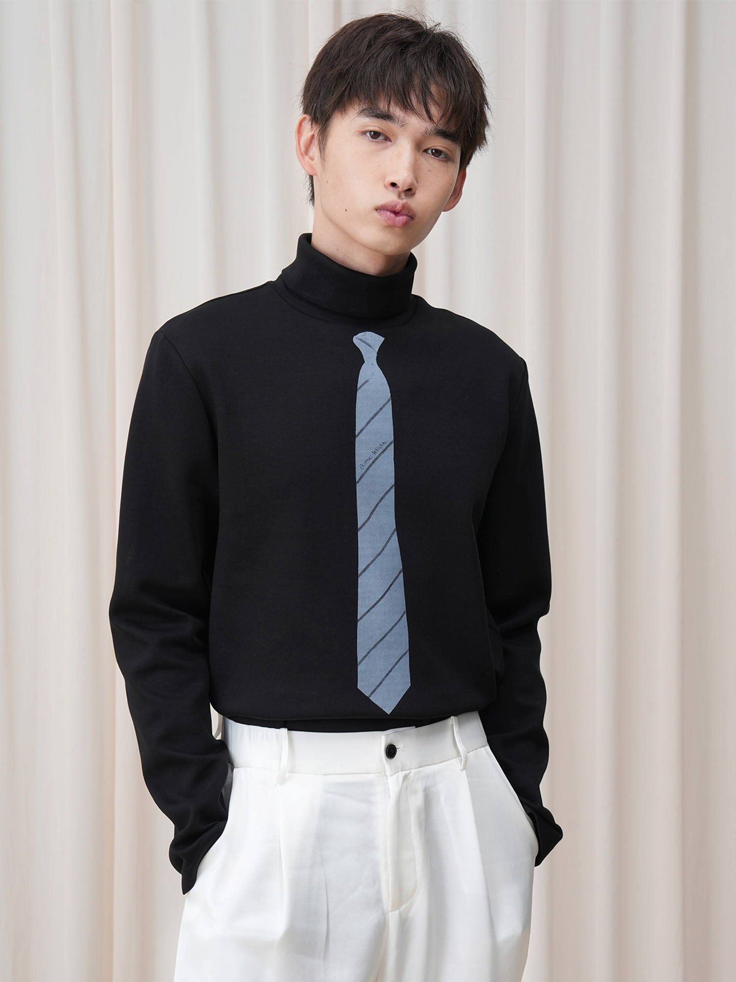 OUYANG WENJUN Stripes-Tie Graphic Turtleneck Long-Sleeve Tee