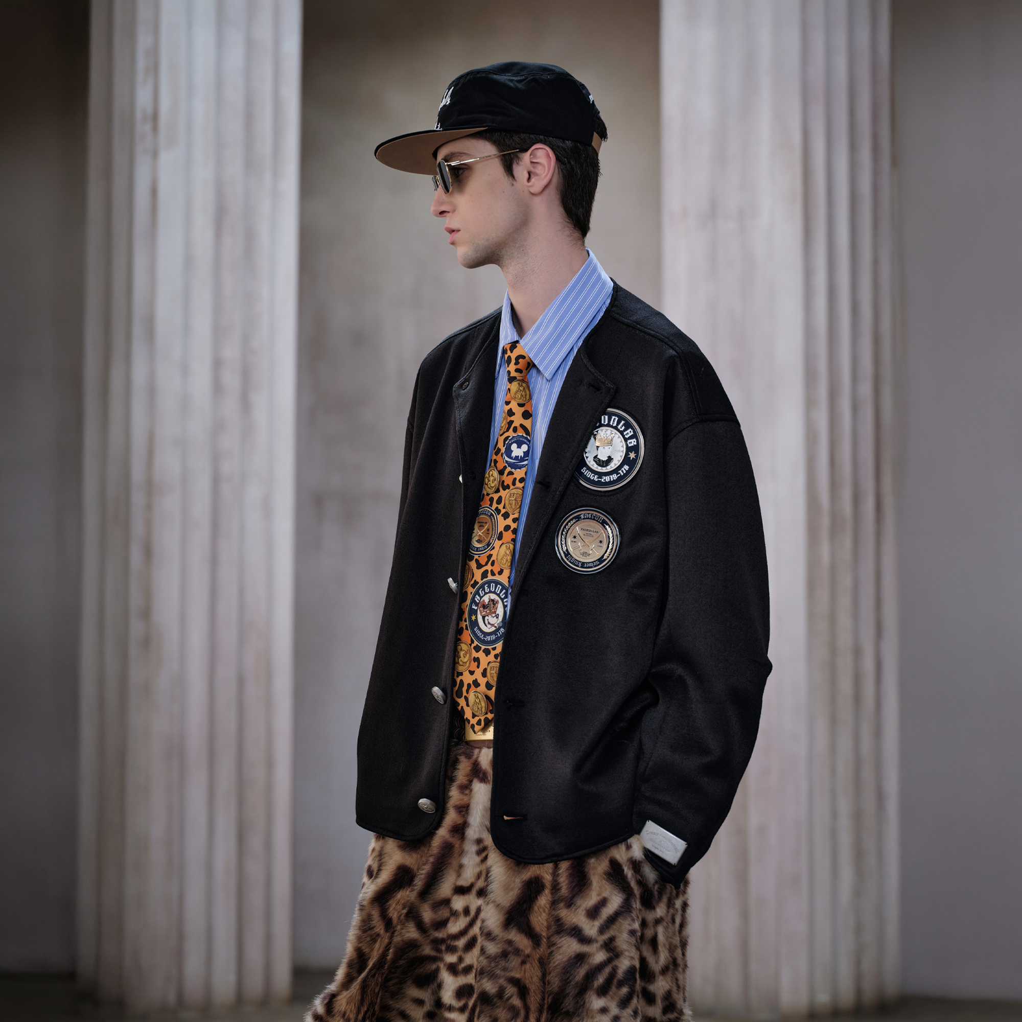 FACEONLAB Badge-Patch Crew-Neck Oversized Jacket