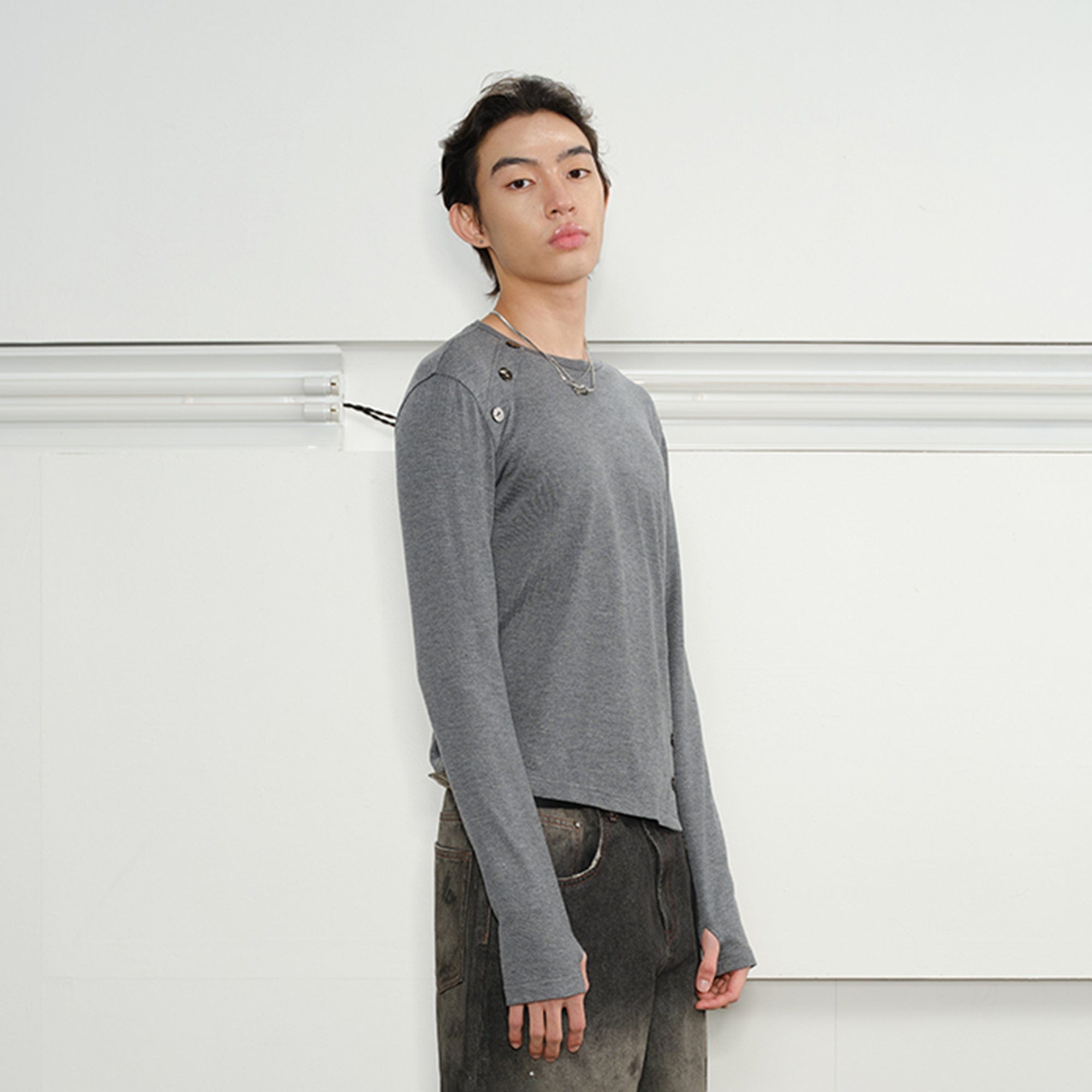 KREATE Deconstructed Asymmetrical Buttoned Long-Sleeve Tee