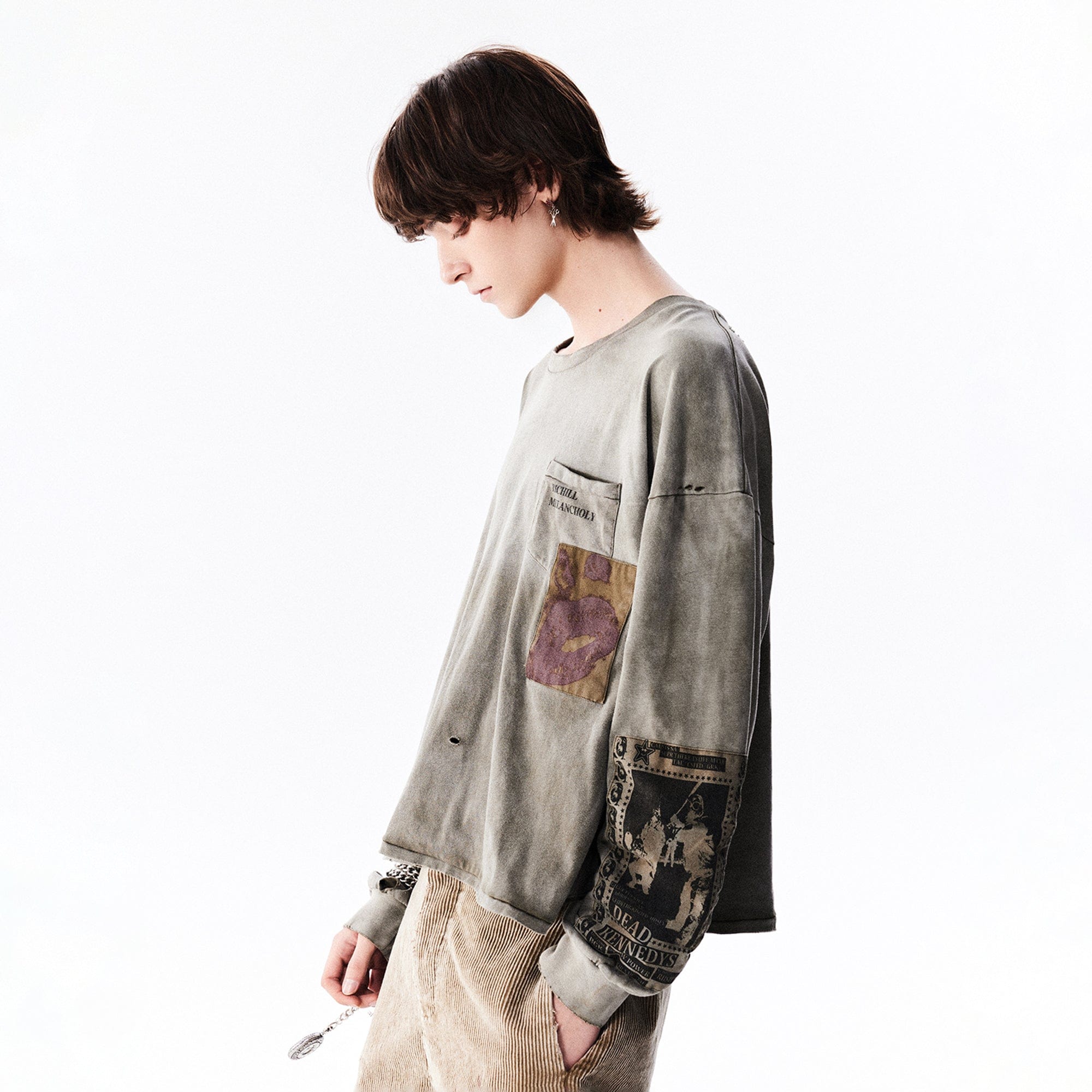 RICHILL Patchwork Ripped Washed Long-Sleeve Tee