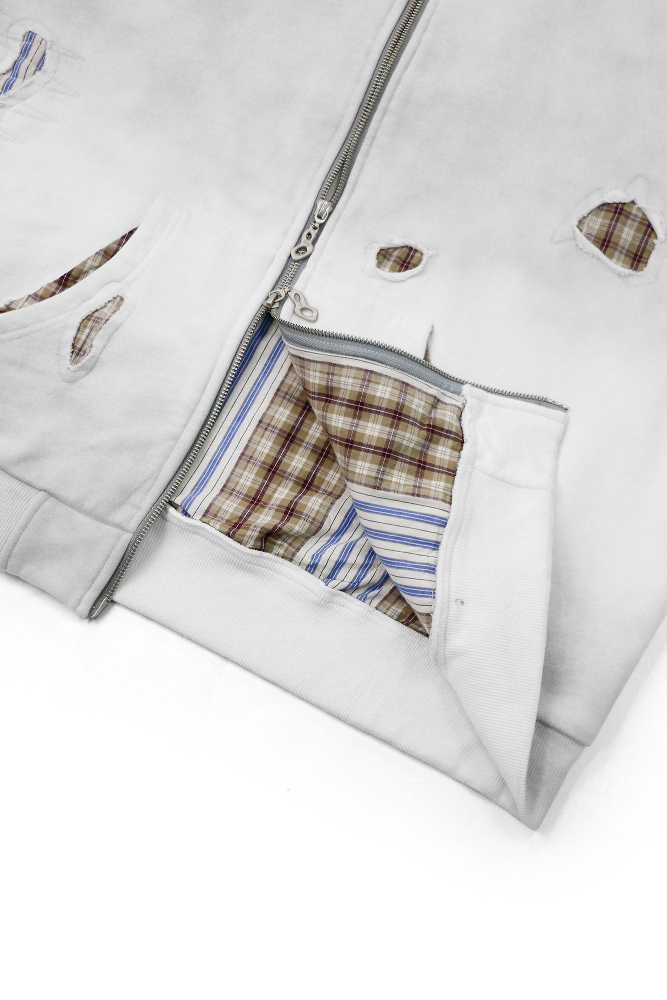 RELABEL Distressed Plaid Cut-Out Layered Hooded Jacket, premium urban and streetwear designers apparel on PROJECTISR.com, RELABEL