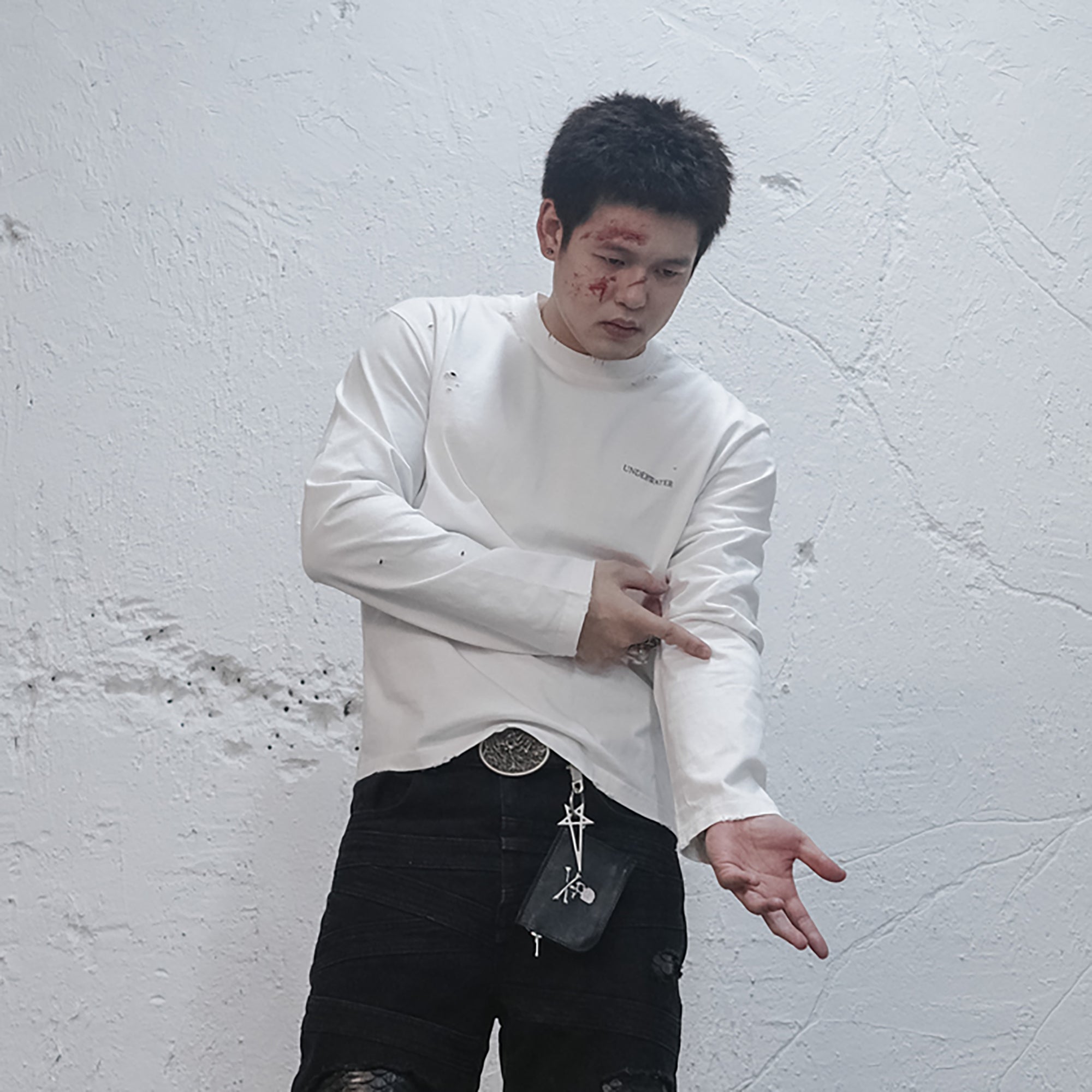 UNDERWATER Demon Slashed Cotton Long Sleeve Tee White