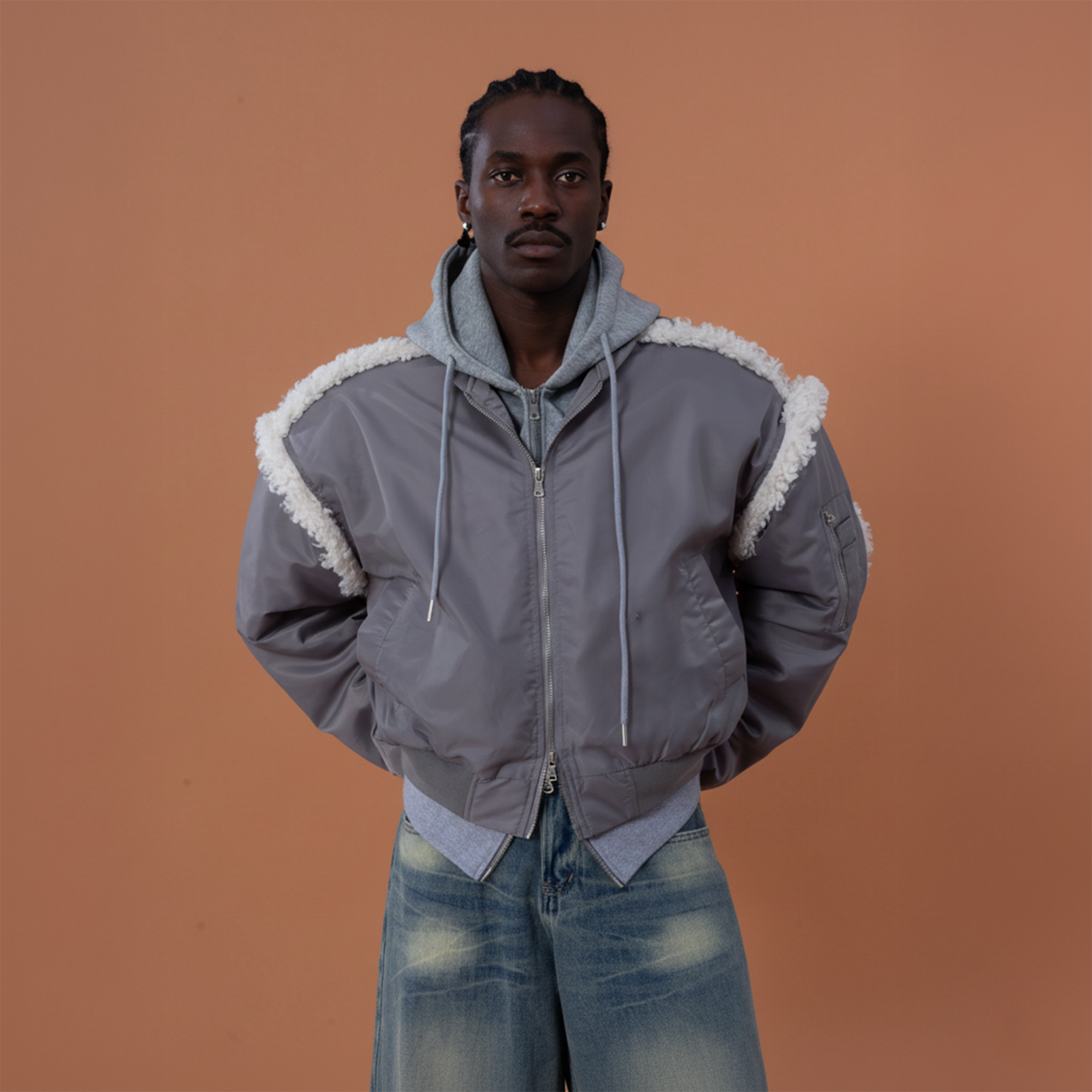 CLP Layered Faux Shearling Hooded Bomber Jacket