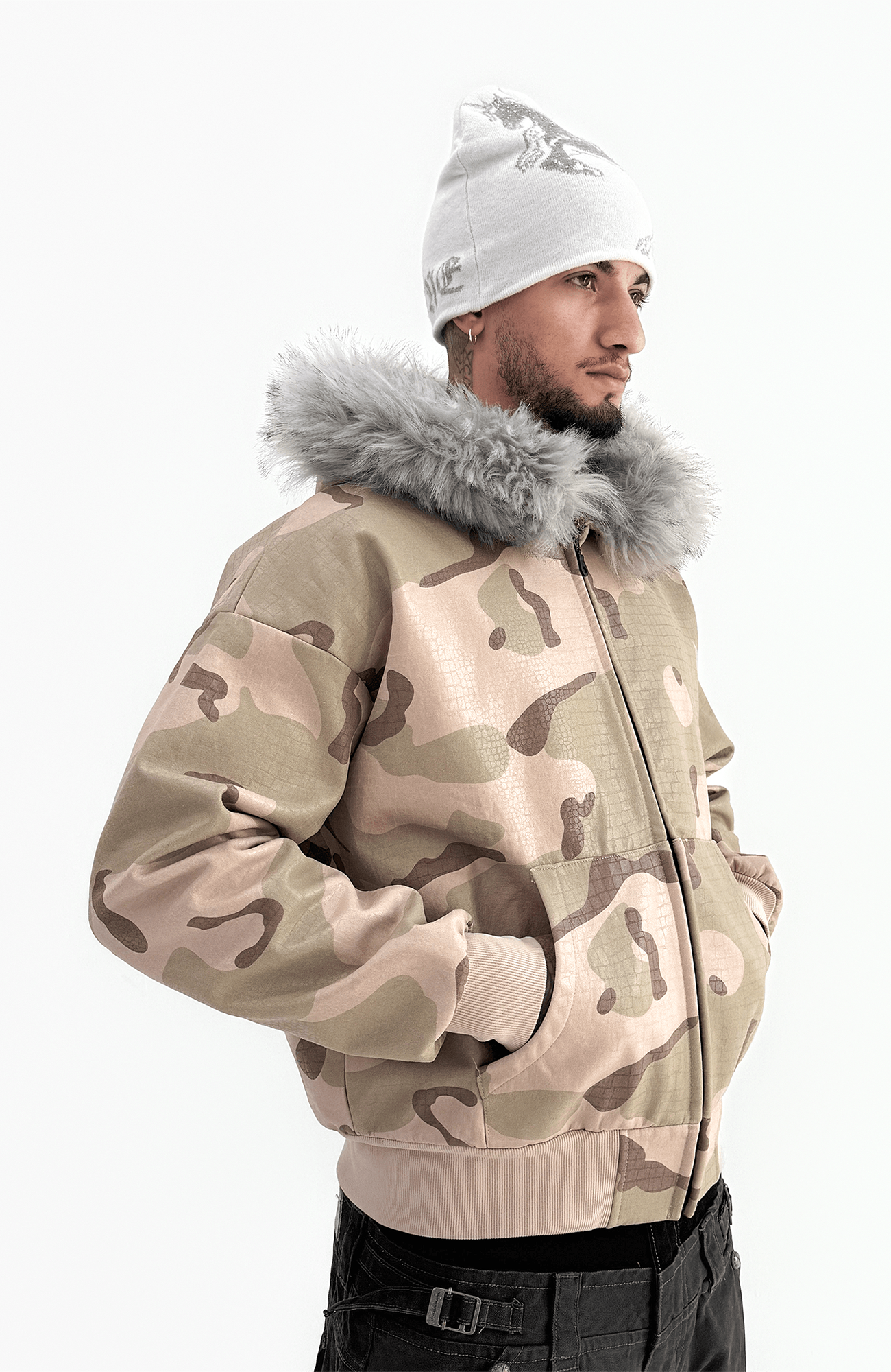 TECNINEGROUP Camo Waxed Faux Fur Hooded Jacket