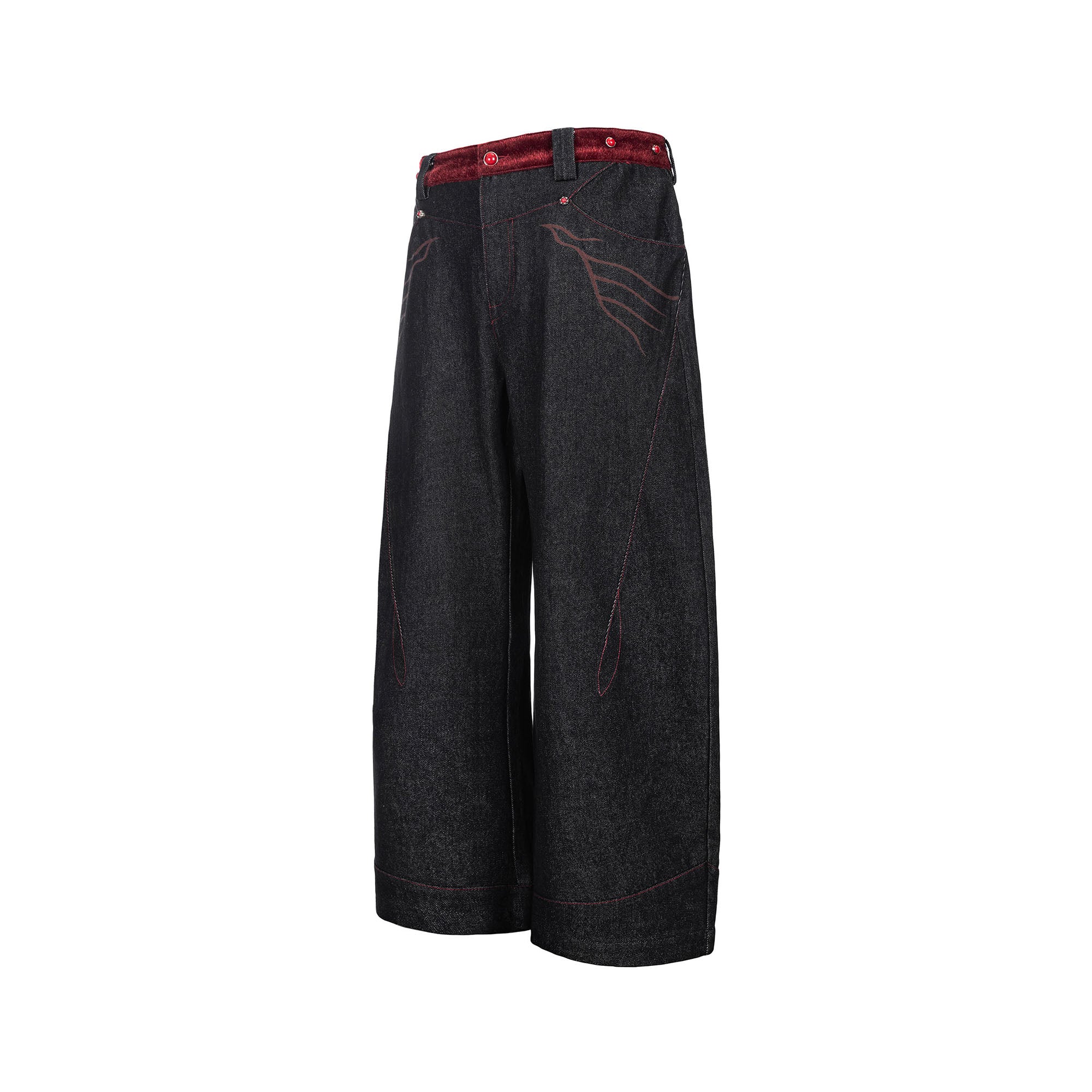 ESAIAS Vermilion Stitch Red Turquoise Curved Denim Pants