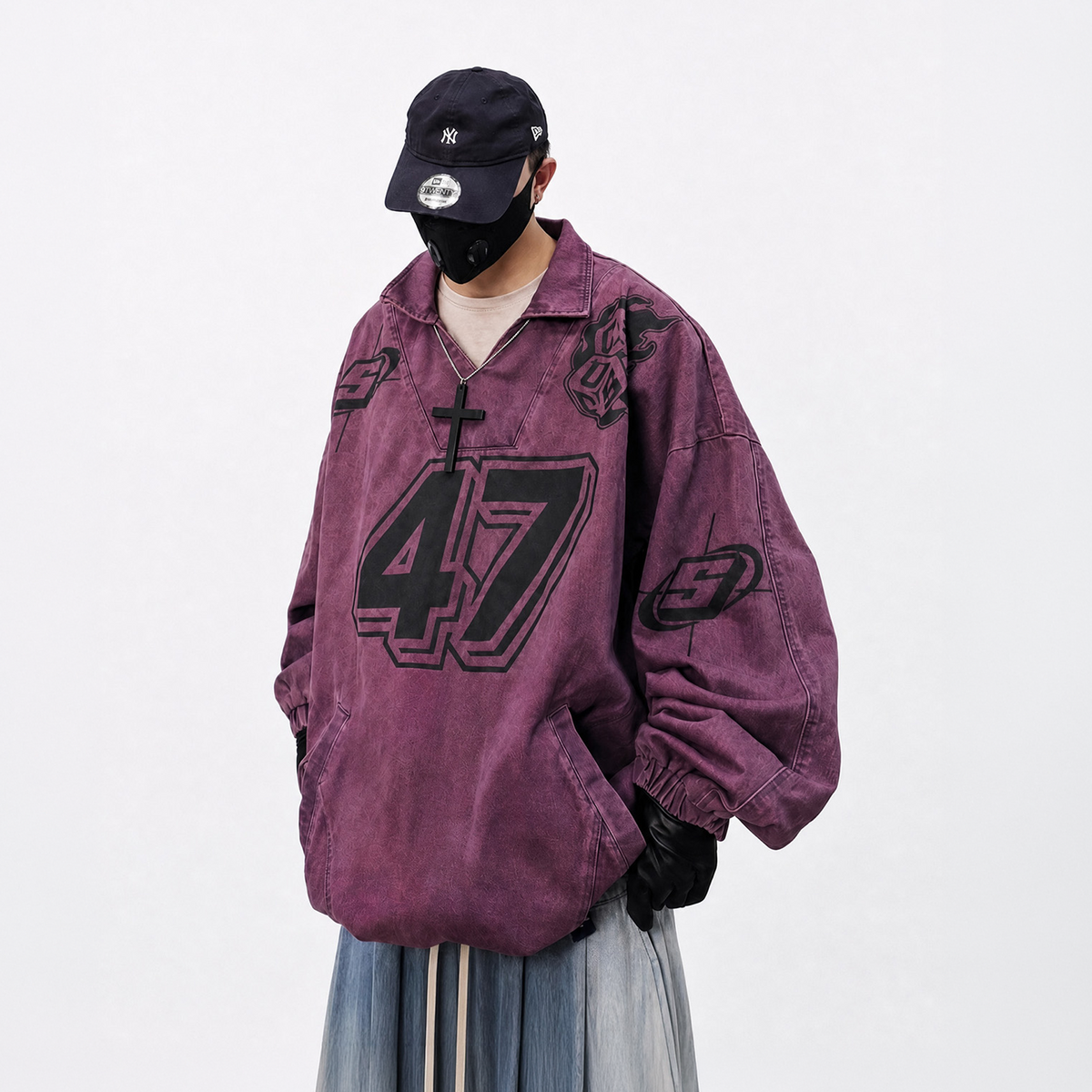 UUCSCC Washed Distressed Oversized V-Neck Sweatshirt