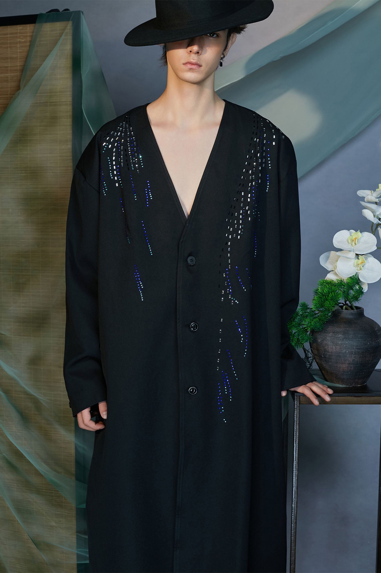 JIECHI Sequin Embroidery V-Neck Overcoat, premium urban and streetwear designers apparel on PROJECTISR.com, JIECHI