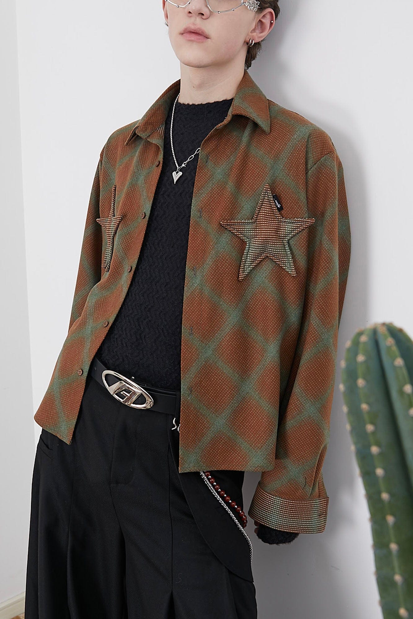 ASSEEN Symmetrical Star Patch Diamond Check Shirt, premium urban and streetwear designers apparel on PROJECTISR.com, ASSEEN