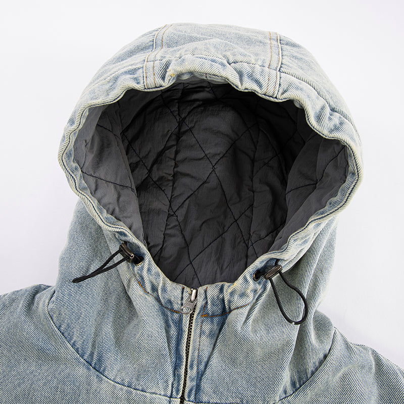 F2CE Washed Racing Patch Denim Hooded Puffer