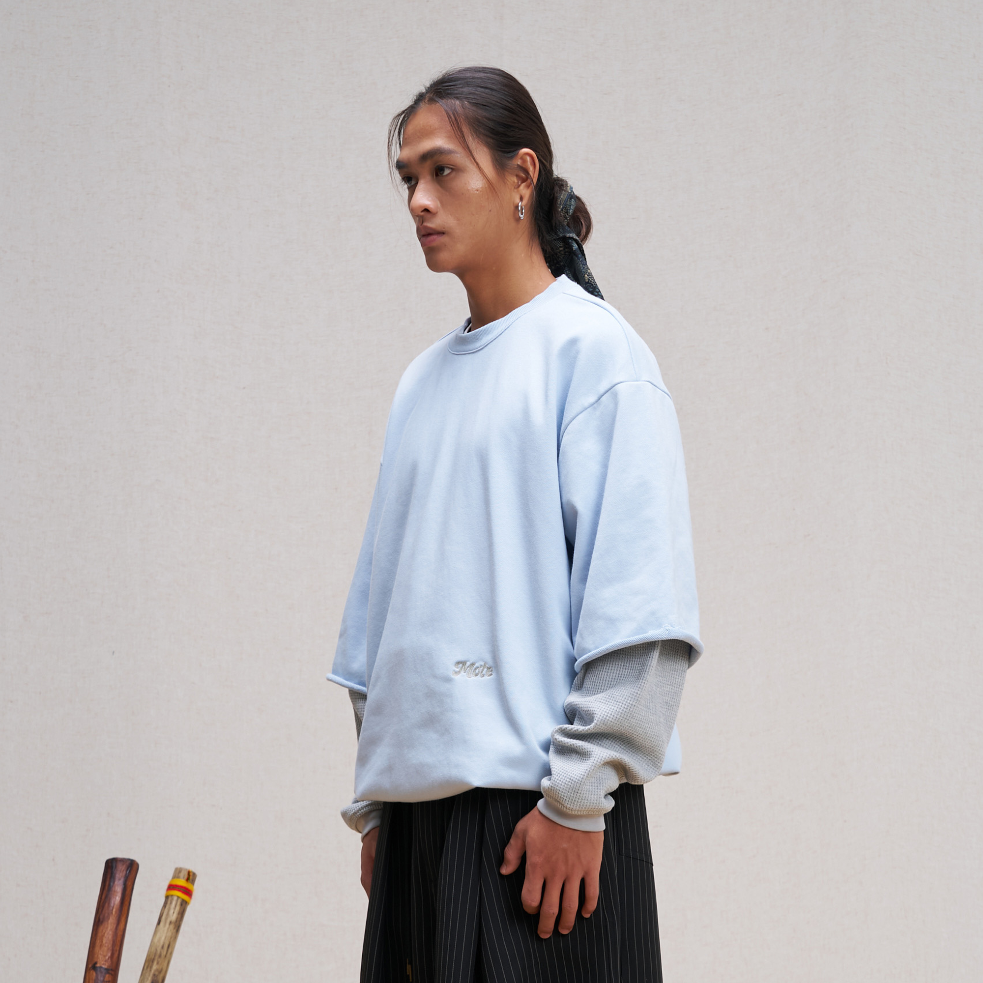 UNLIMITED MOTE Waffle Sleeve Layered Drawstring Hem Sweatshirt