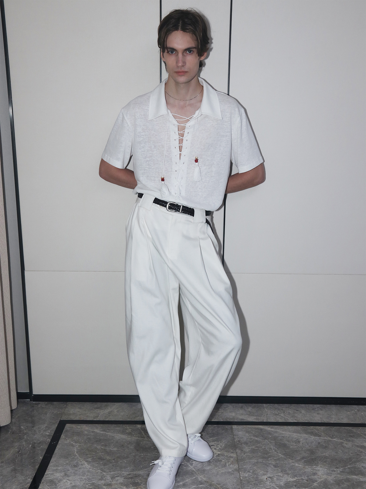 ASSEEN Tassel Lace-Up Short-Sleeve Polo Tee