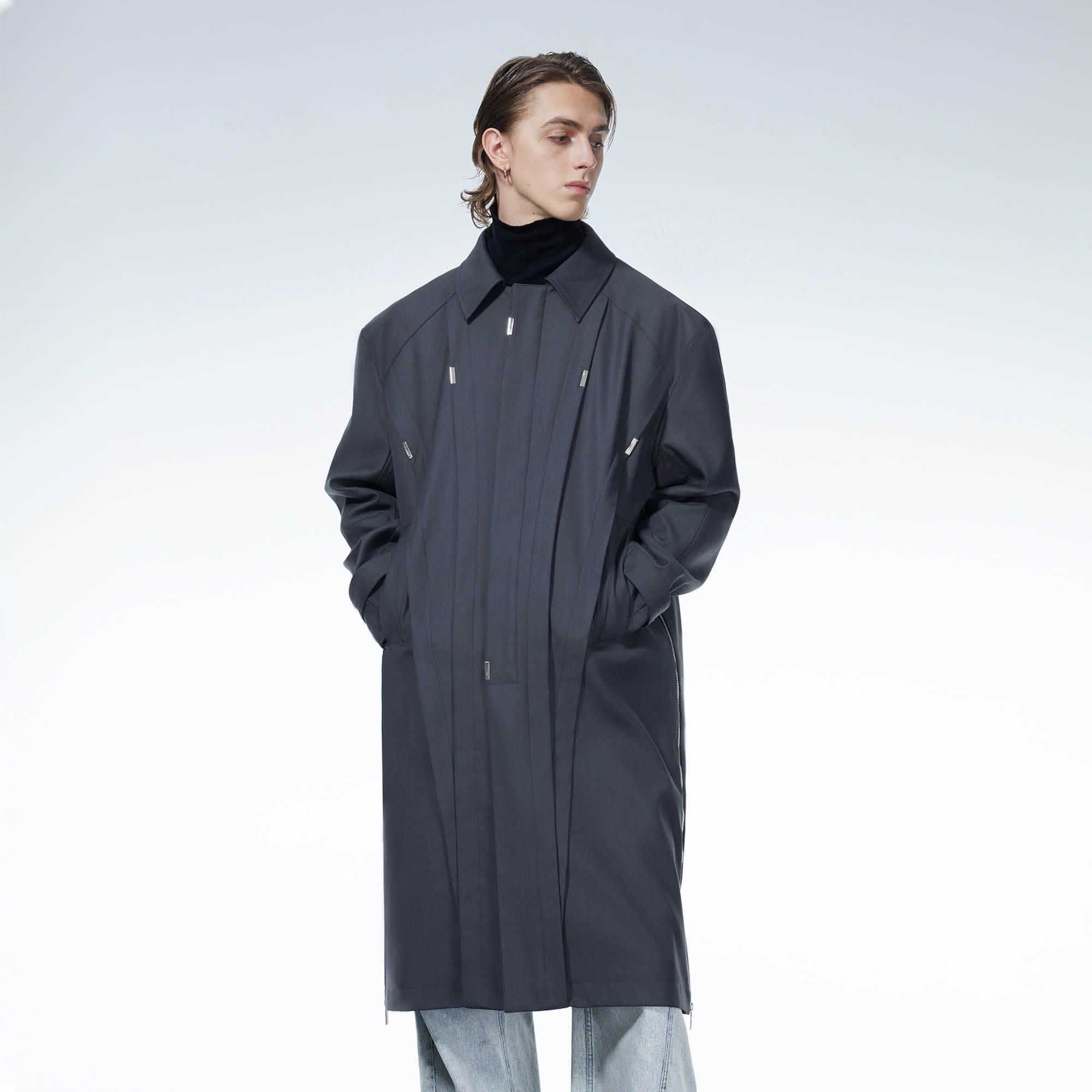 LOSTNFOUND Spliced Pleated Side-Zip Overcoat, premium urban and streetwear designers apparel on PROJECTISR.com, LOSTNFOUND