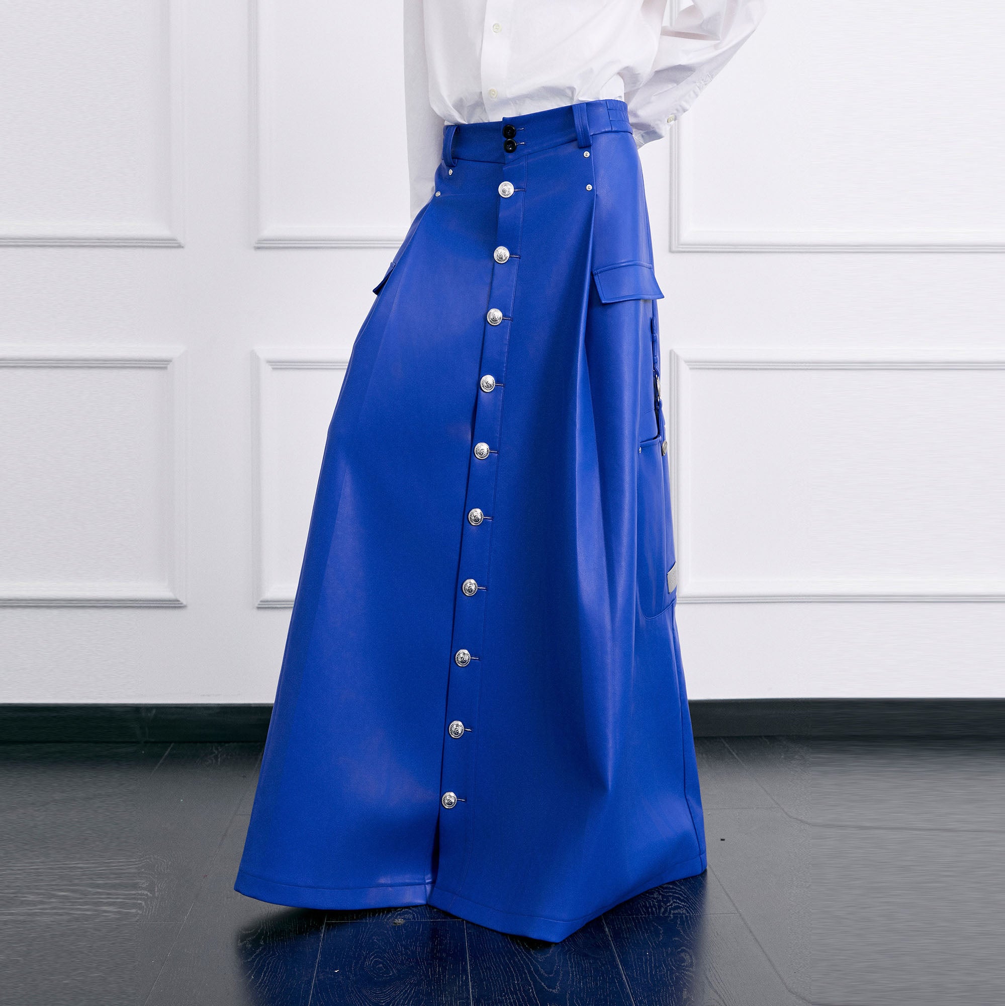 FACEONLAB Utility Faux Leather Buttoned Maxi Skirt, premium urban and streetwear designers apparel on PROJECTISR.com, FACEONLAB