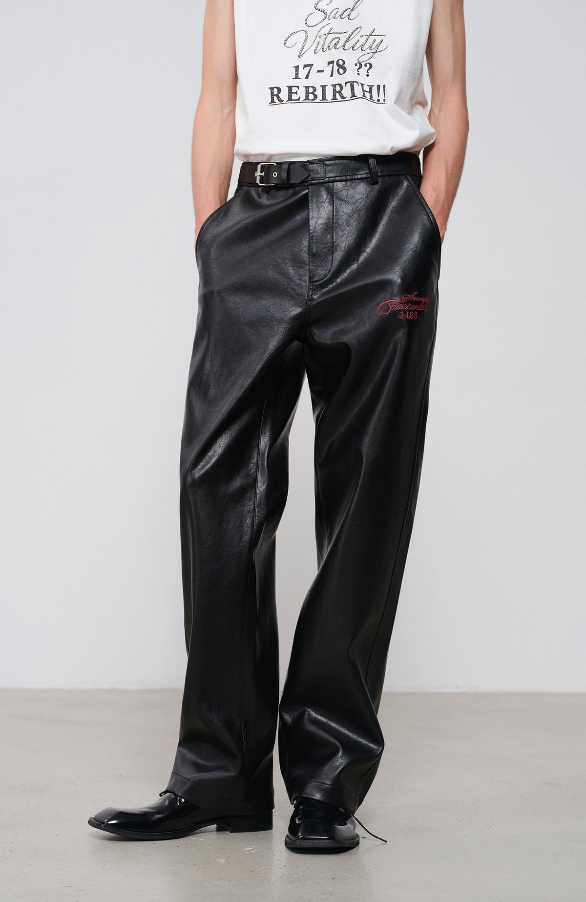 FACEONLAB Embroidered Straight-Leg Faux Leather Pants
