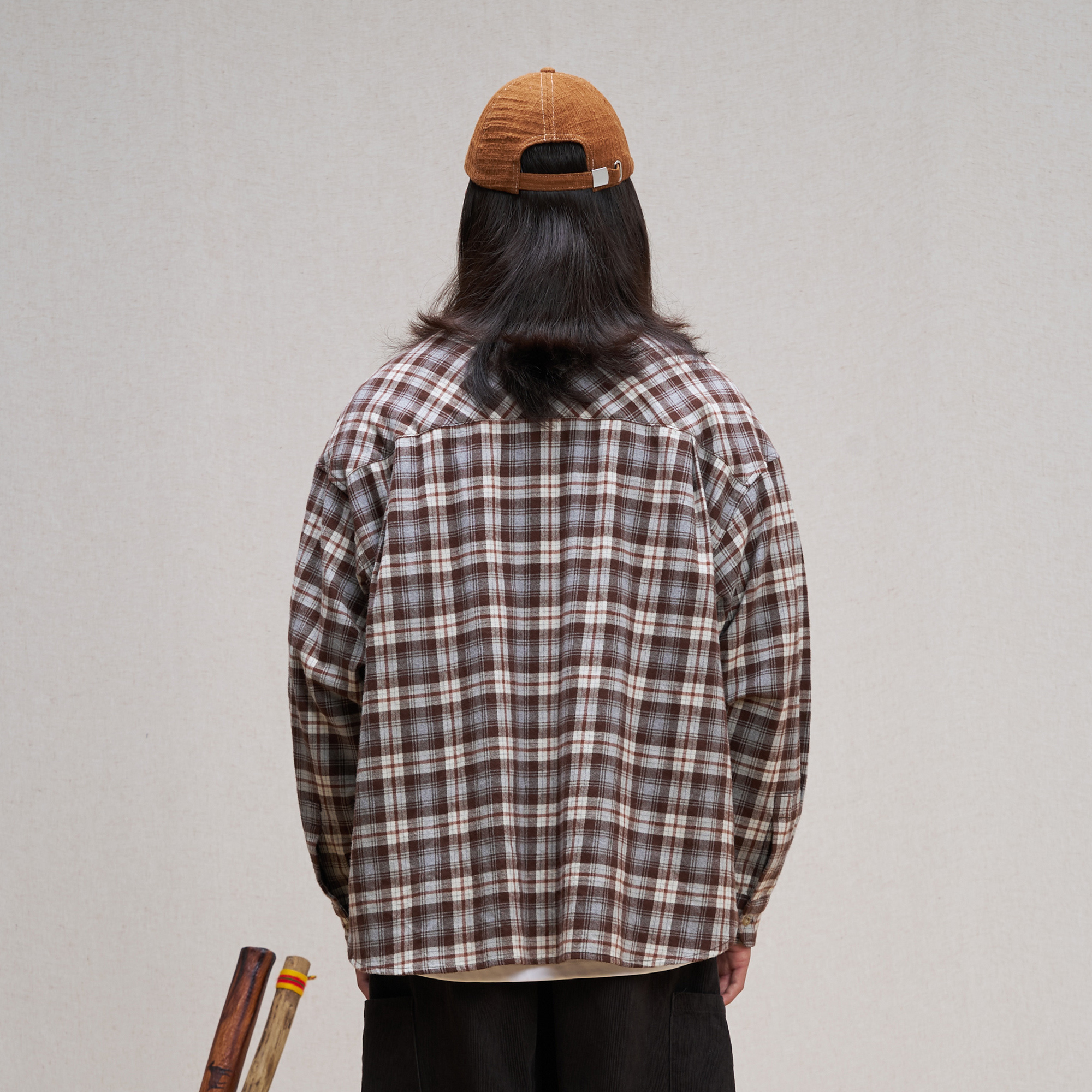 UNLIMITED MOTE Plaid Oversized Half-Open Collar Shirt Brown, premium urban and streetwear designers apparel on PROJECTISR.com, UNLIMITED MOTE