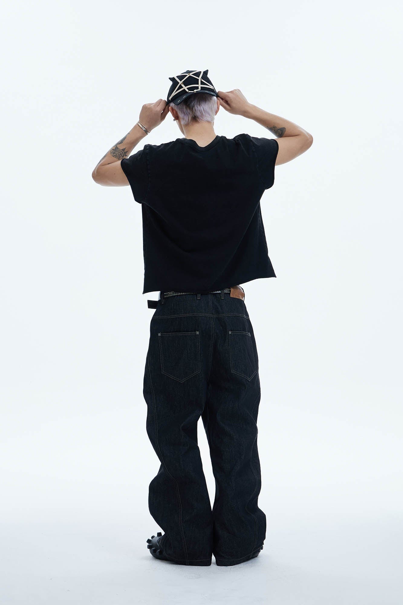 DND4DES Asymmetric Button-Fly Spliced Baggy Jeans, premium urban and streetwear designers apparel on PROJECTISR.com, DND4DES