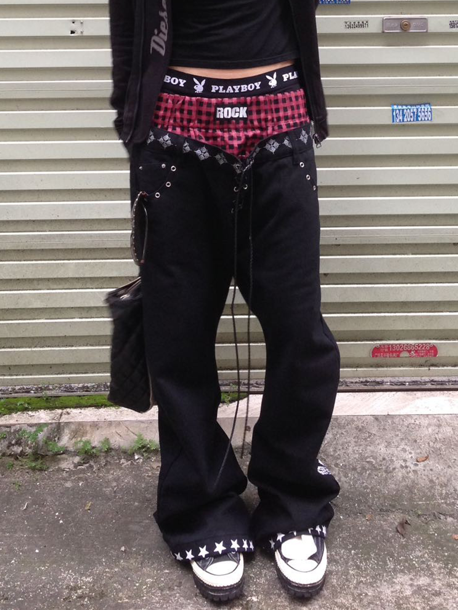 DETW Curved Plaid Spliced Double-Waistband Jeans