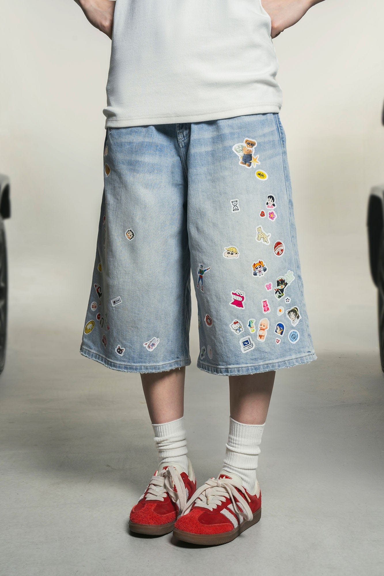 MAKEMORE Anime Sticker Washed Denim Shorts, premium urban and streetwear designers apparel on PROJECTISR.com, MAKEMORE