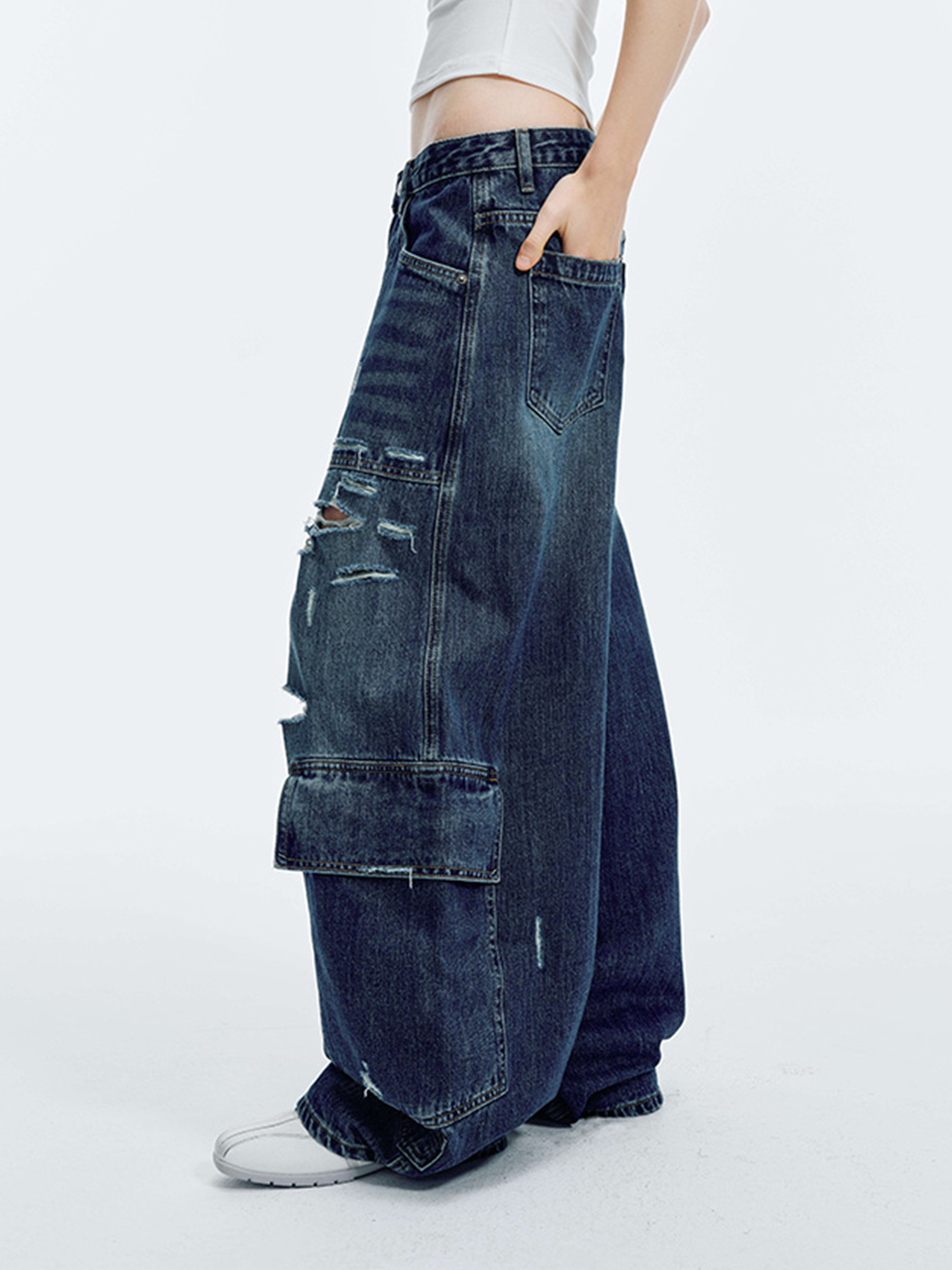 HAHAHA Washed Distressed Multi-Pocket Wide-Leg Jeans