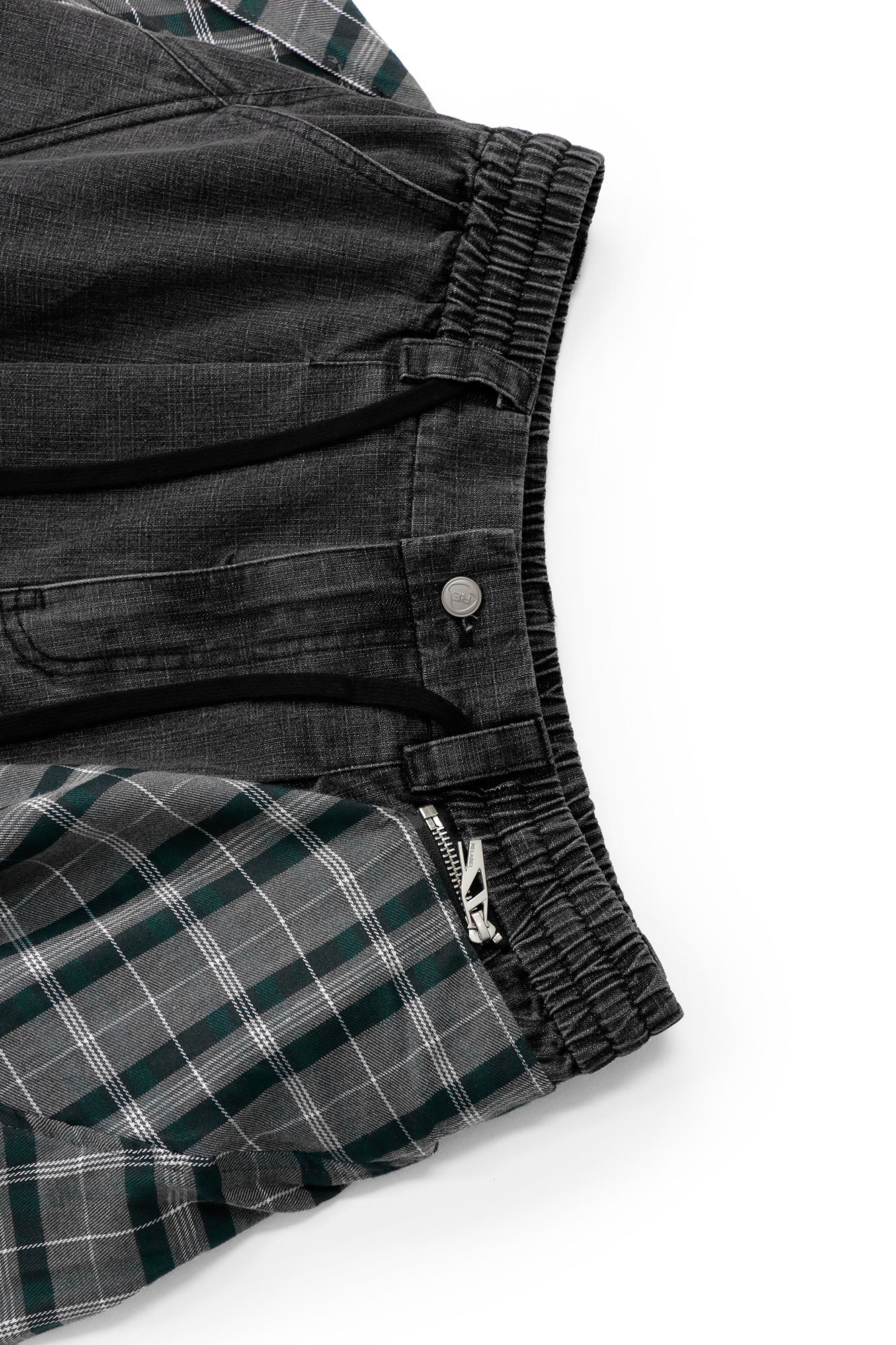 RELABEL Detachable Plaid Drape Oversized Denim Shorts, premium urban and streetwear designers apparel on PROJECTISR.com, RELABEL