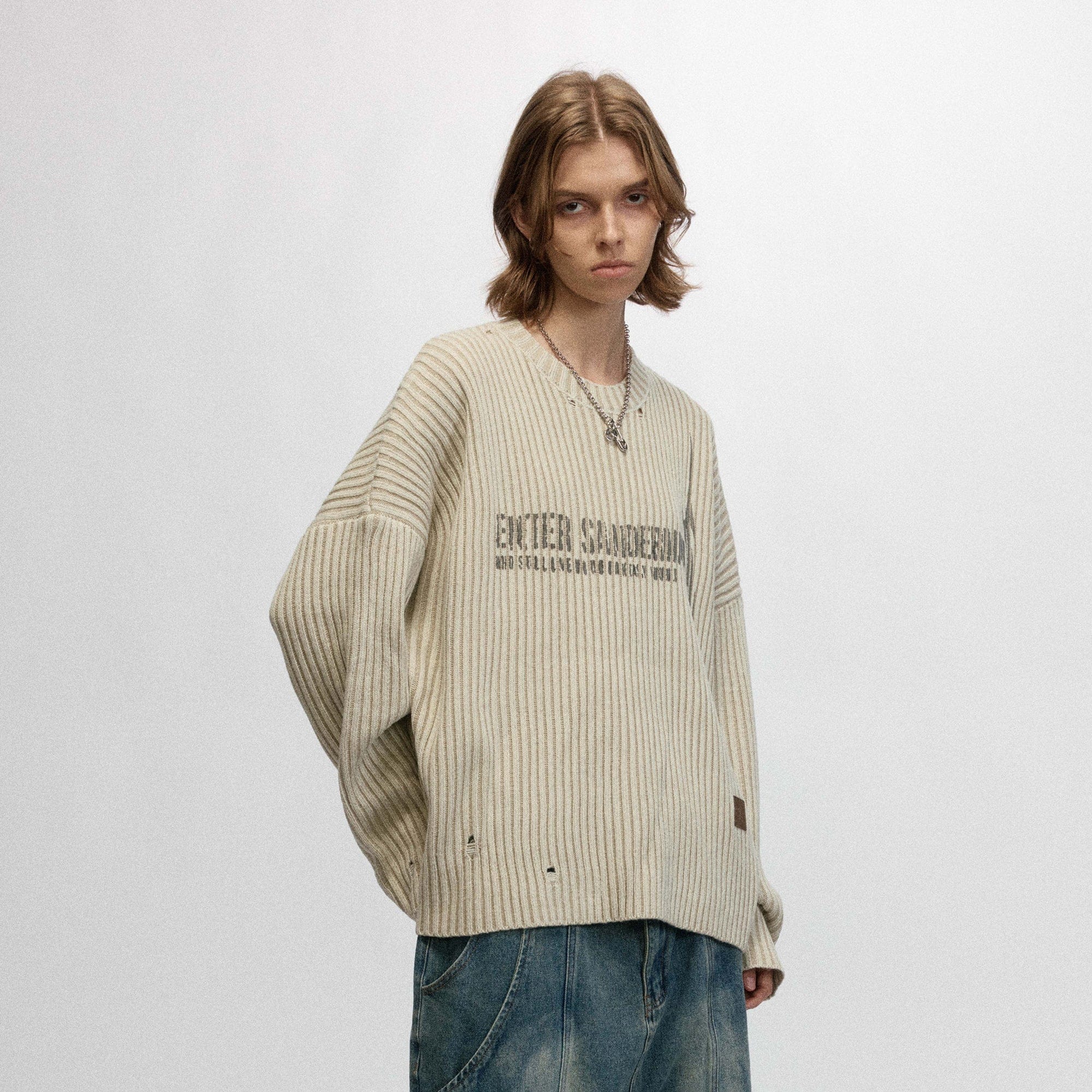 OVDY Faded Ripped Slogan Raw Edge Sweater