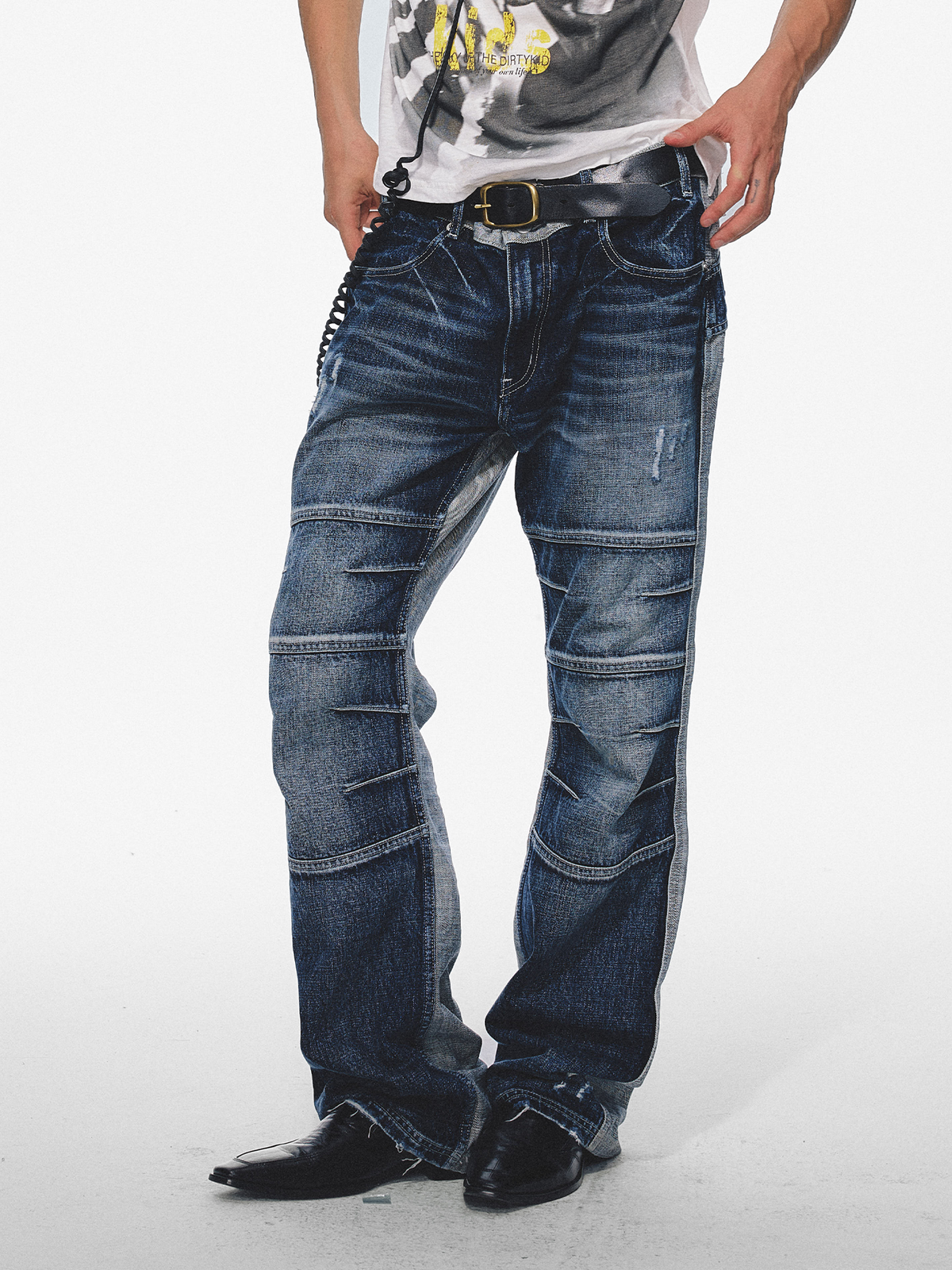 TRECLUB Retro Washed Distressed Spliced Jeans