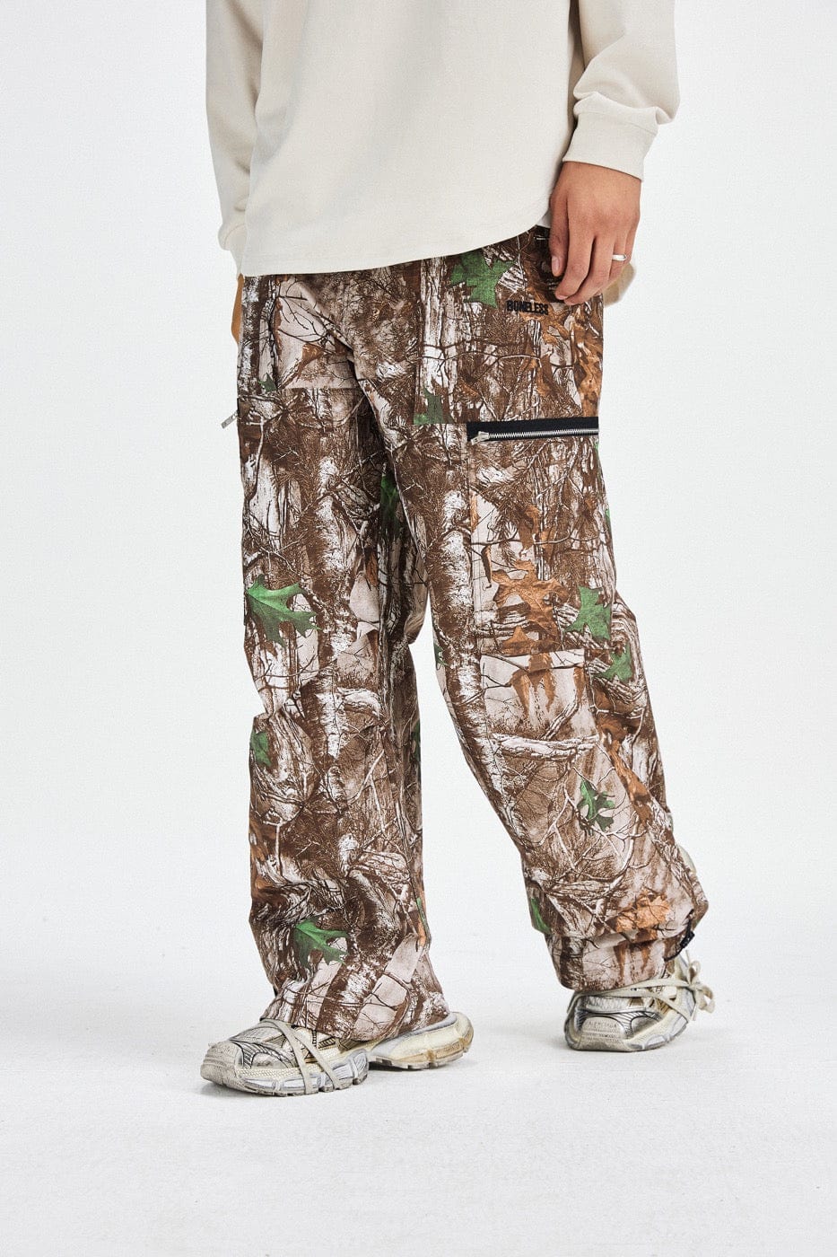 BONELESS Withered Leaves Crinkled Camo Cargo Pants, premium urban and streetwear designers apparel on PROJECTISR.com, BONELESS