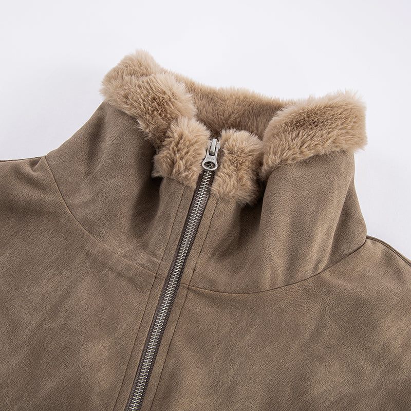F2CE Aged Suede Faux Fur High-Collar Jacket