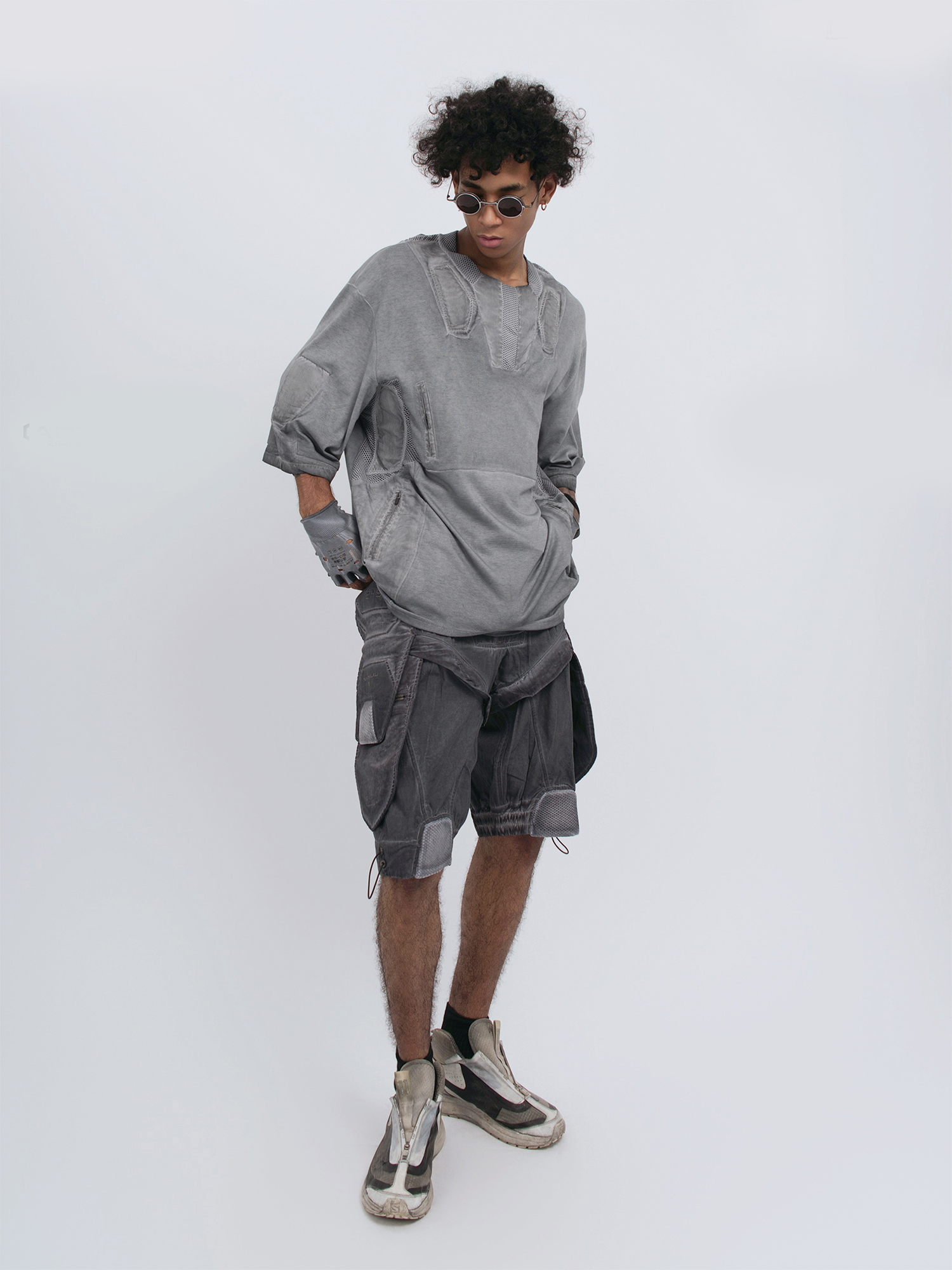 STEAM Distressed Mesh-Spliced Oversized Tactical T-Shirt