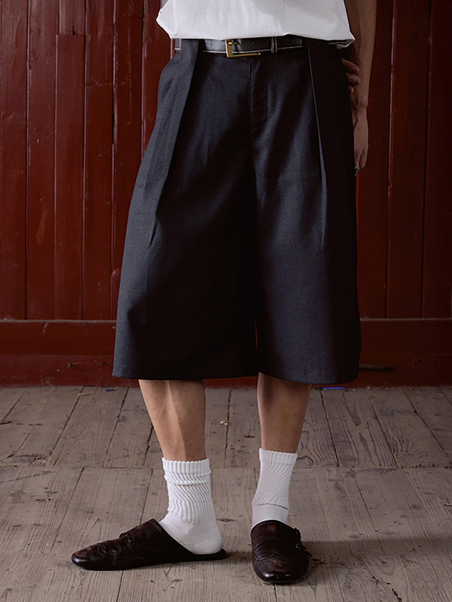 IN EXISTENCE Double-Pleated Mini Check Wide-Leg Shorts, premium urban and streetwear designers apparel on PROJECTISR.com, IN EXISTENCE