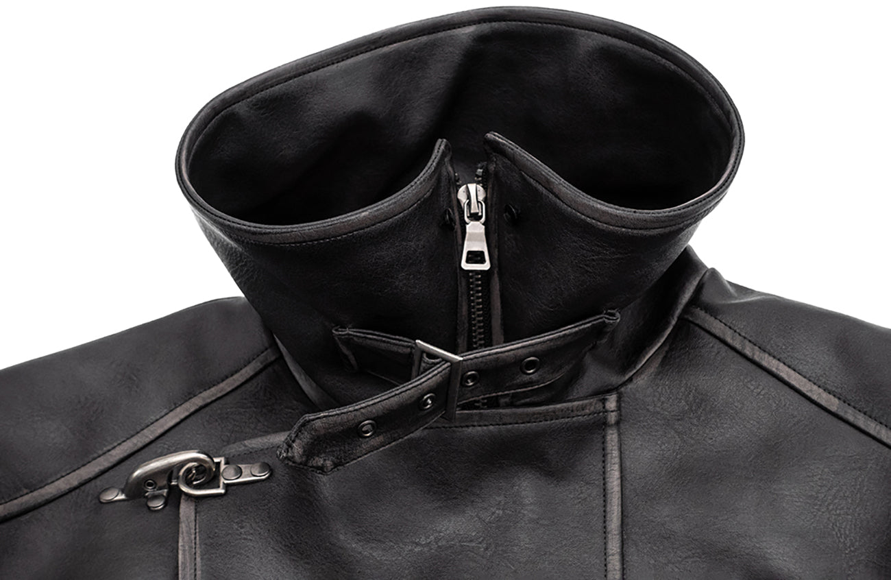 IN EXISTENCE Asymmetric Placket Washed Moto Jacket, premium urban and streetwear designers apparel on PROJECTISR.com, IN EXISTENCE