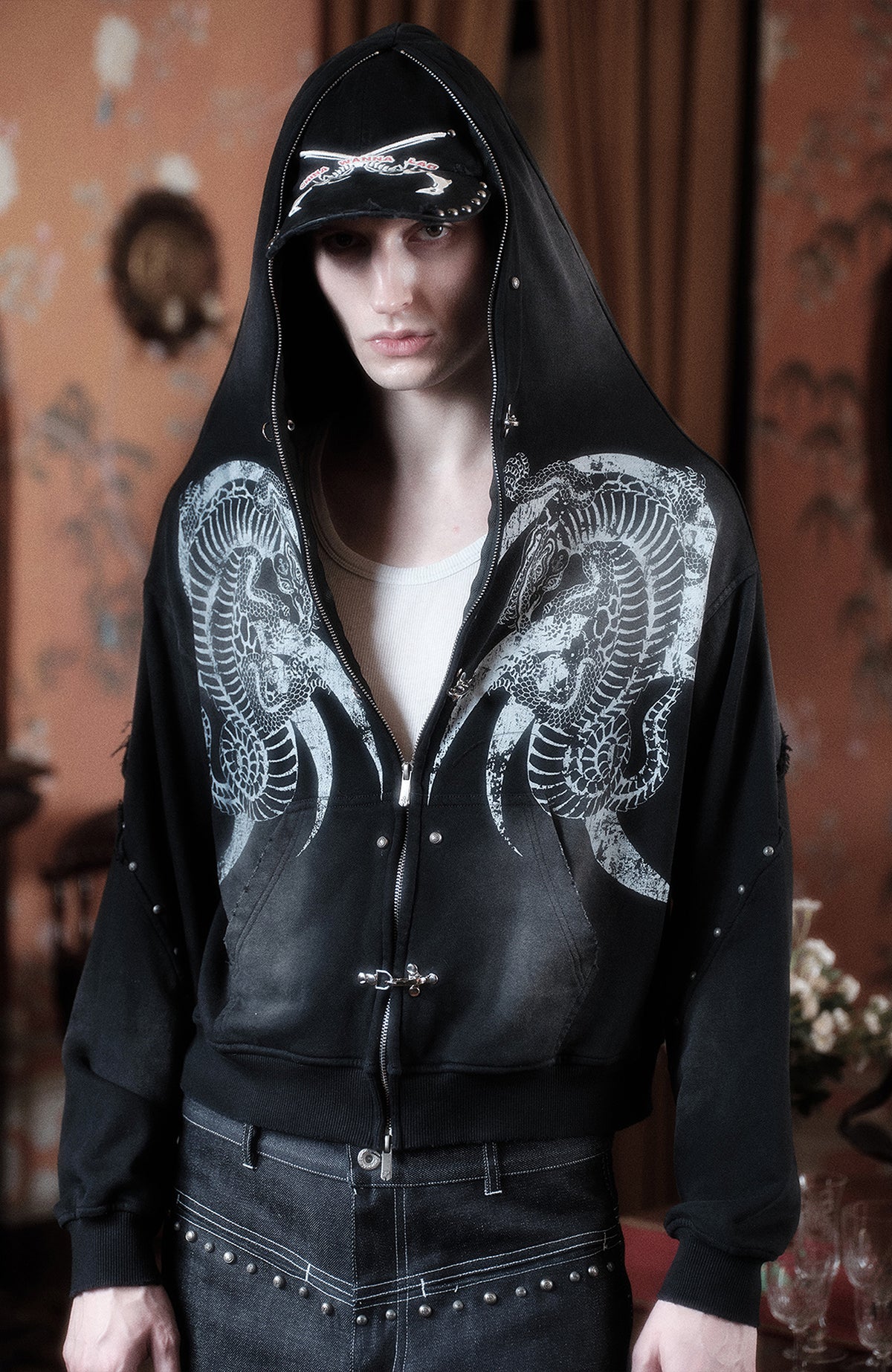 WANNA LAB Washed Distressed Rivet Zip-Up Hoodie