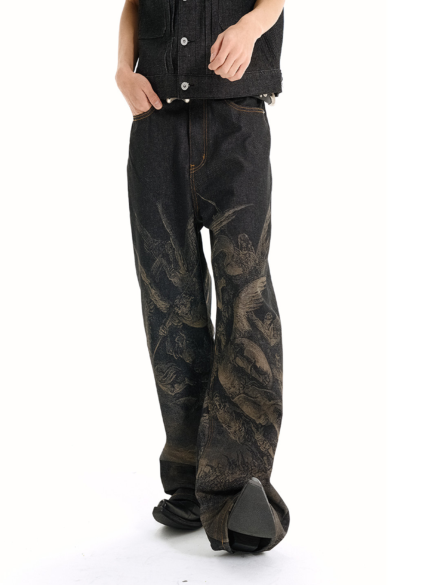 WANNA LAB Laser-Burned Studded Baggy Jeans