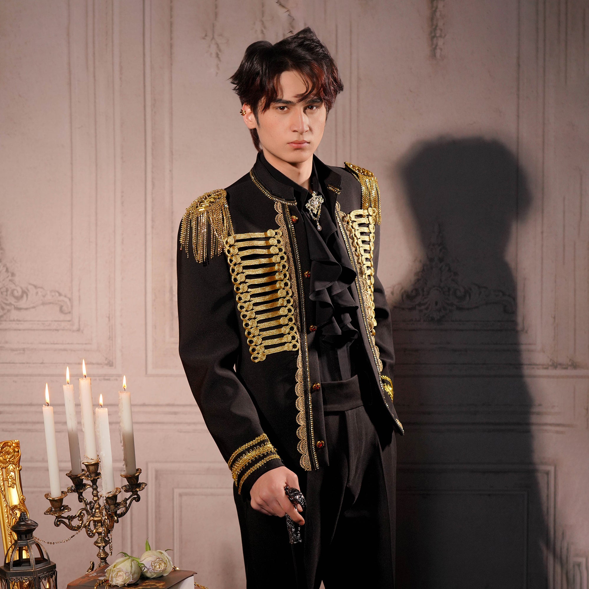 SHANG JIE Shoulder Epaulette Gold Trim Blazer