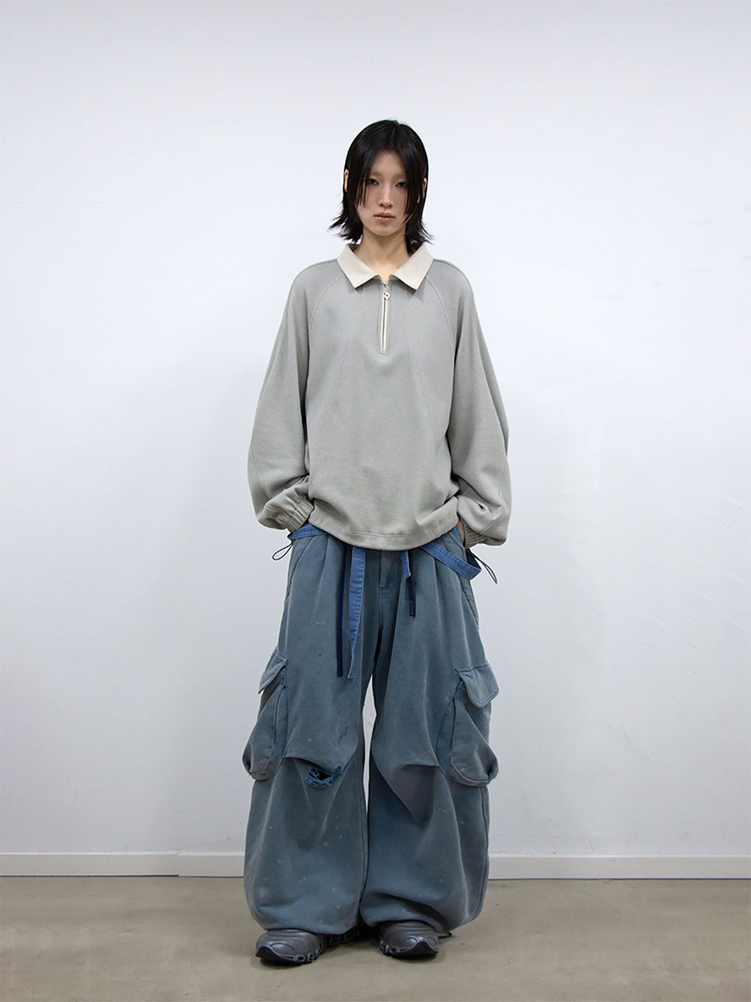 RELABEL Raglan Drawstring-Hem Polo Sweatshirt